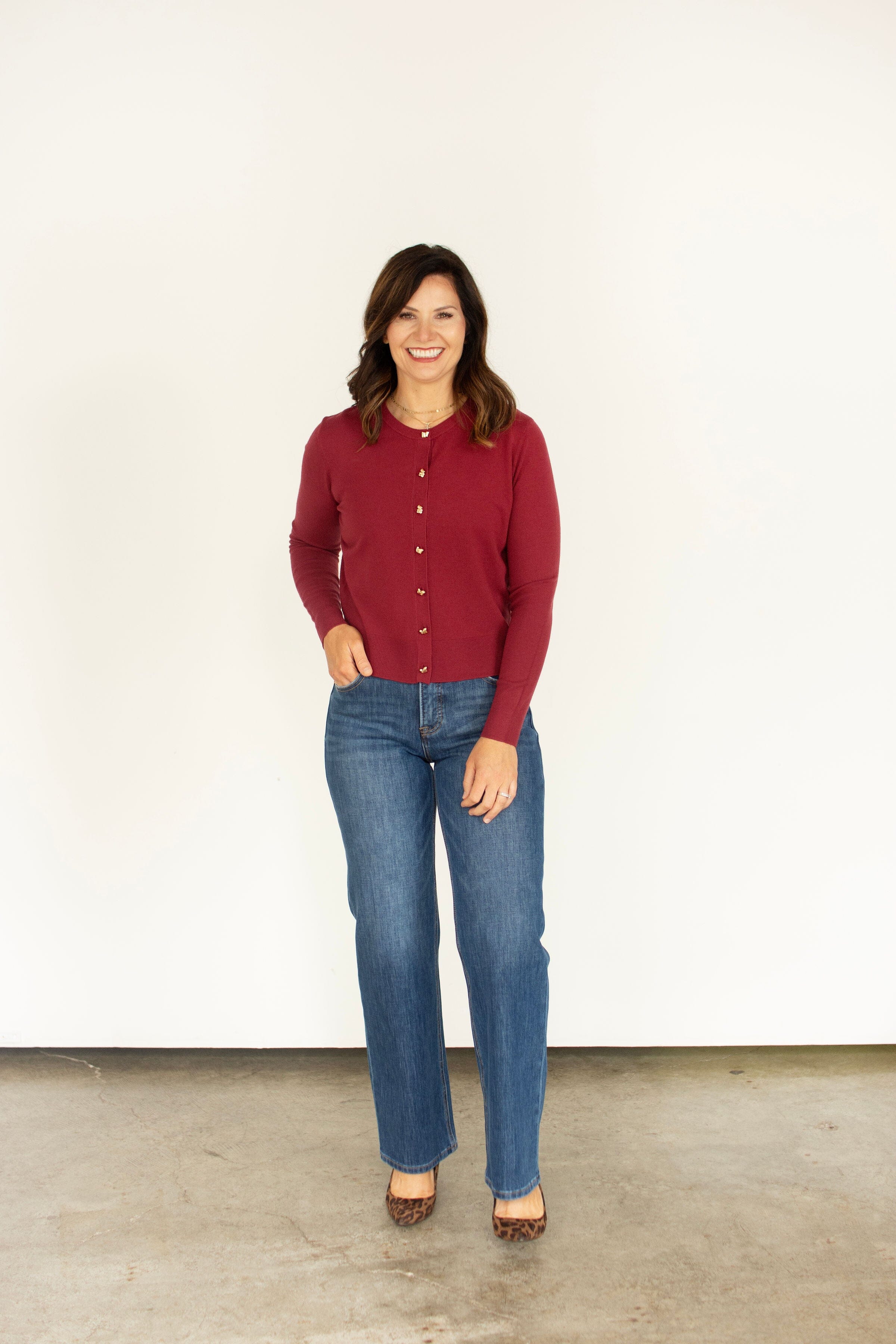 Burgundy Cardigan | Chic Gold Button Knit Cardigan