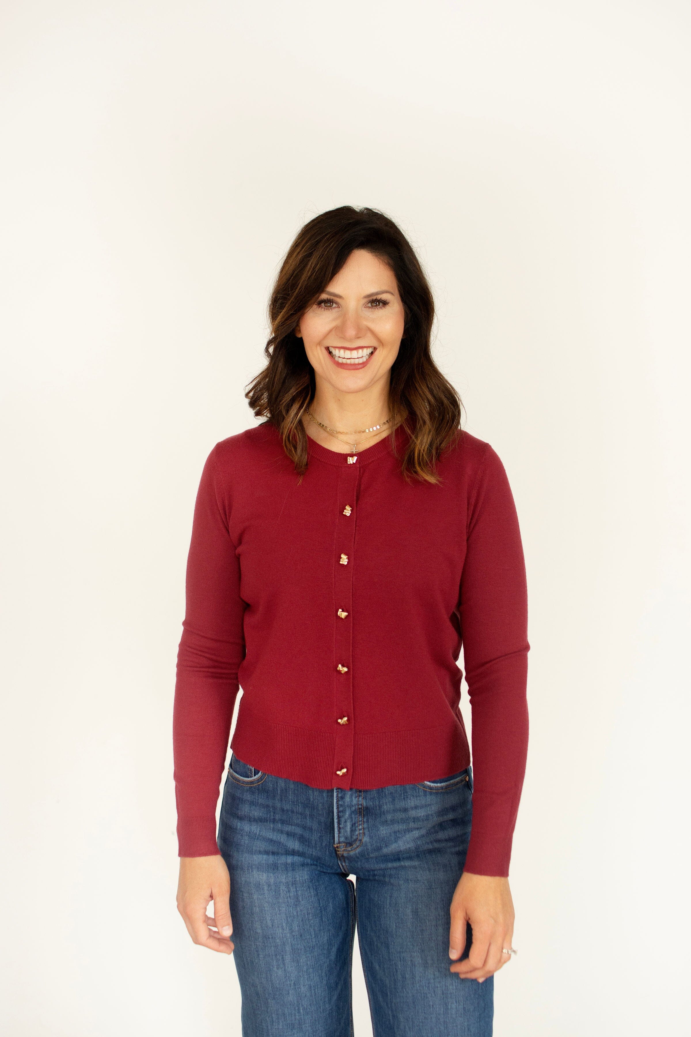 Burgundy Cardigan | Chic Gold Button Knit Cardigan