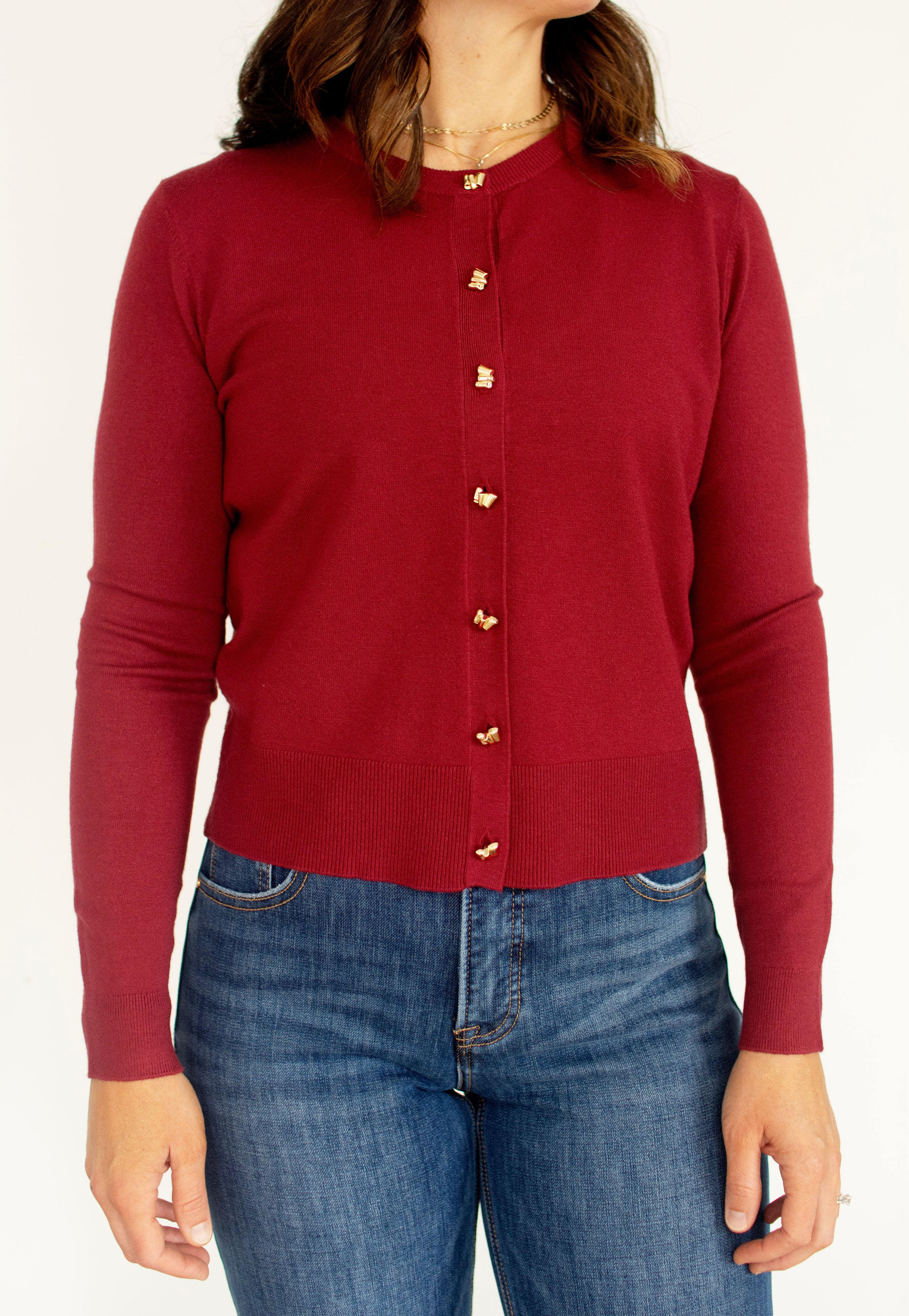 Burgundy Cardigan | Chic Gold Button Knit Cardigan