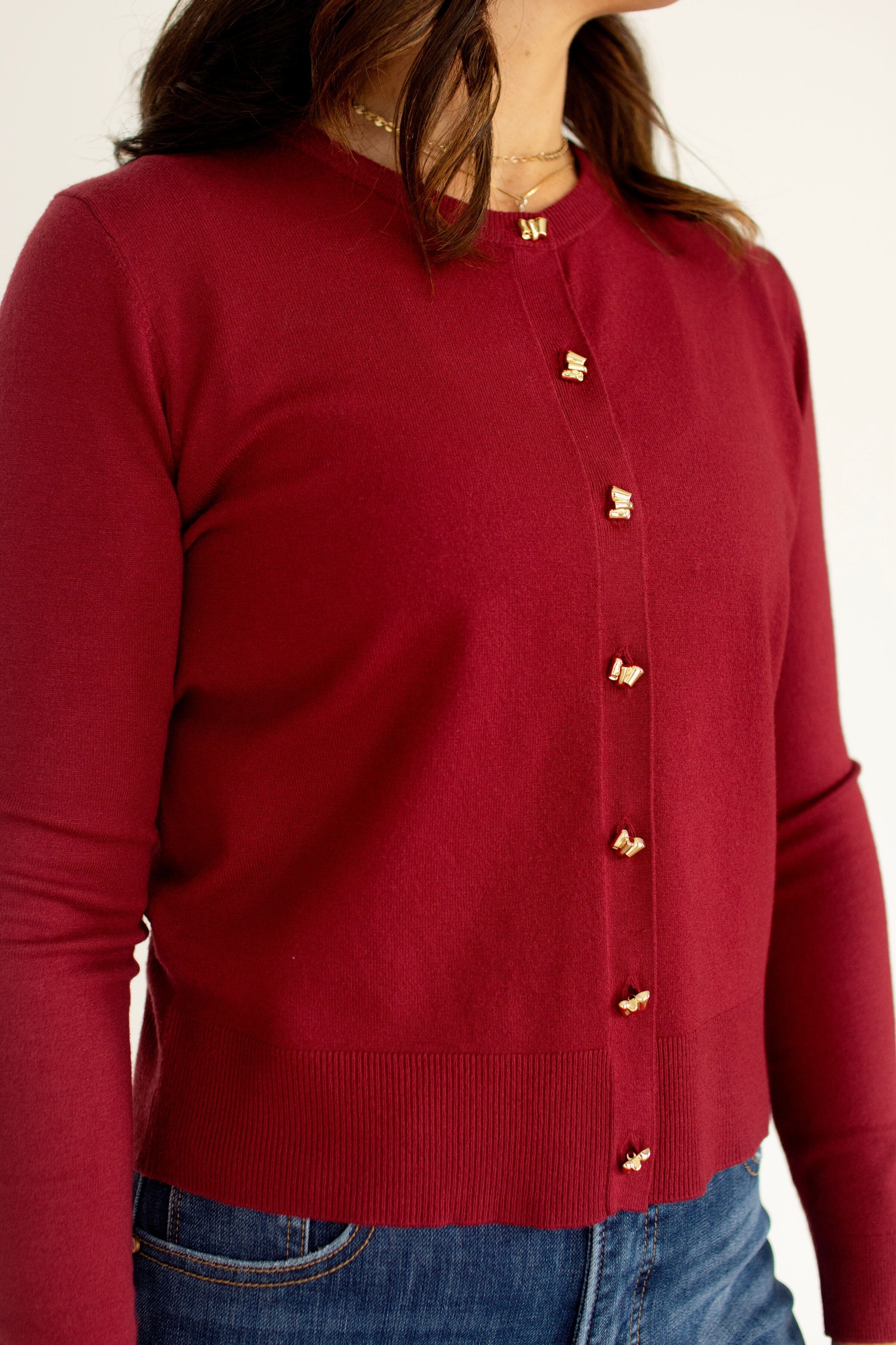 Burgundy Cardigan | Chic Gold Button Knit Cardigan
