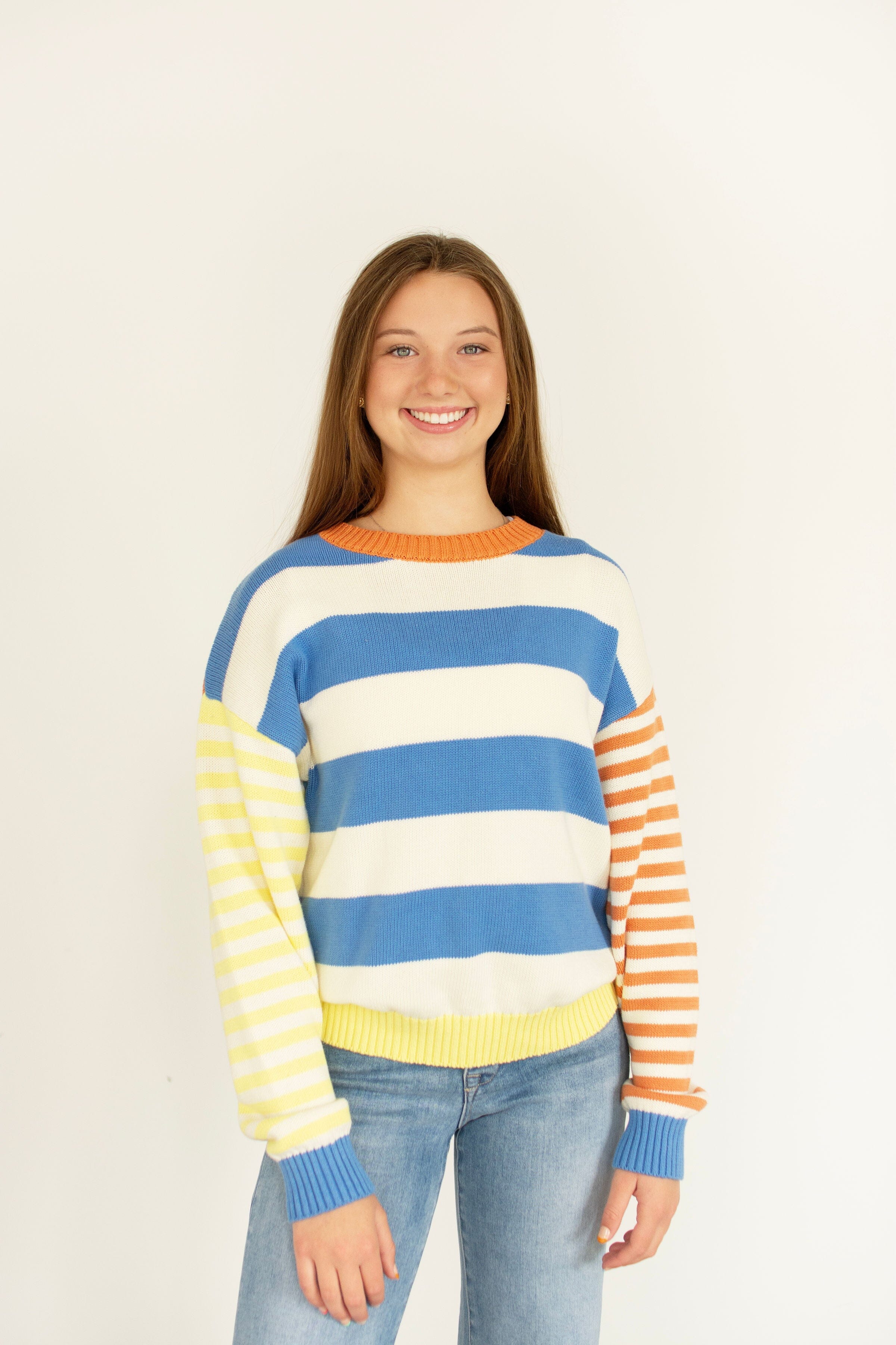 Blue & Lemon Joyful Color Block Striped Relaxed Fit Sweater