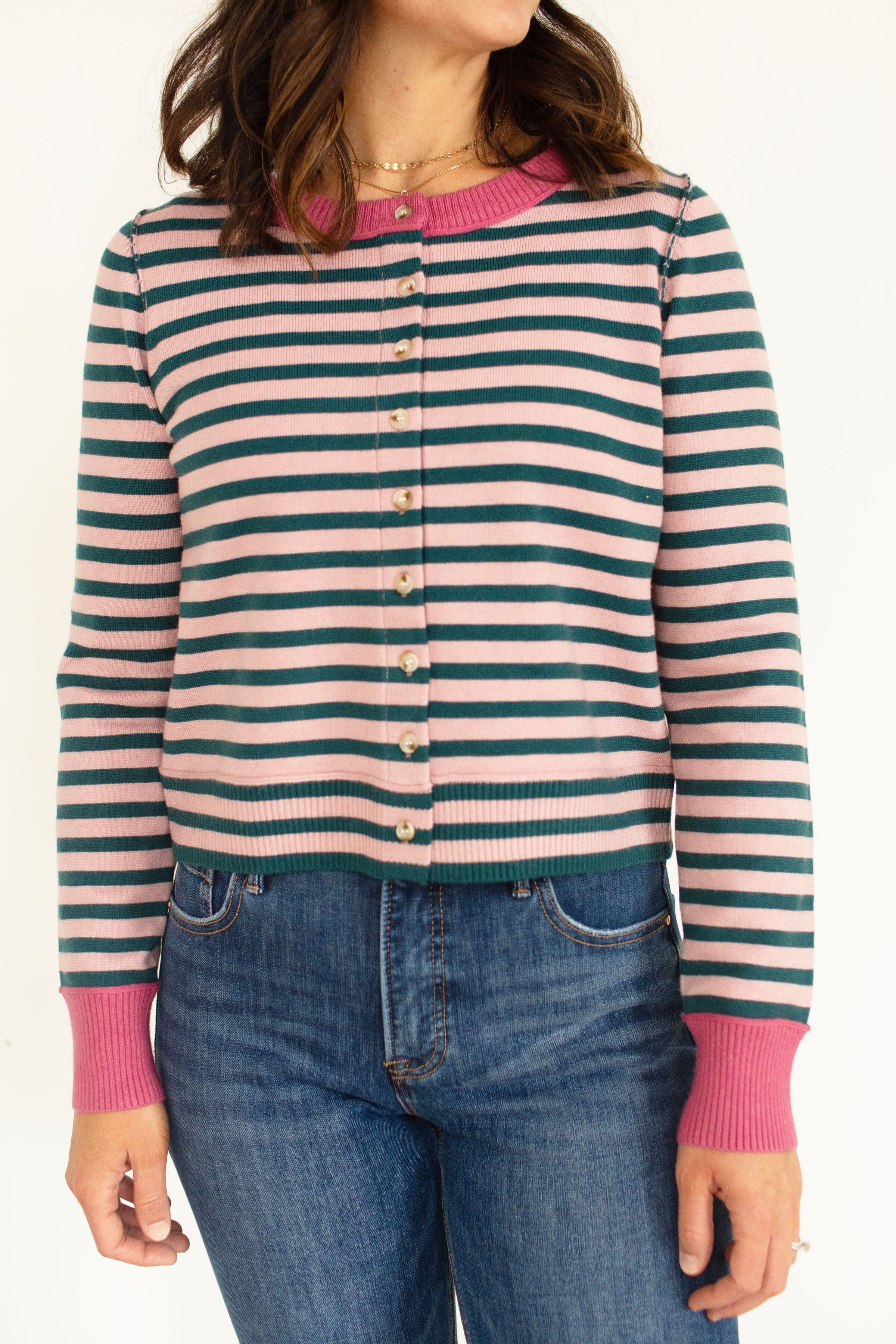 Rose & Forest Green Striped Cropped Cardigan | Lightweight Fall Layer