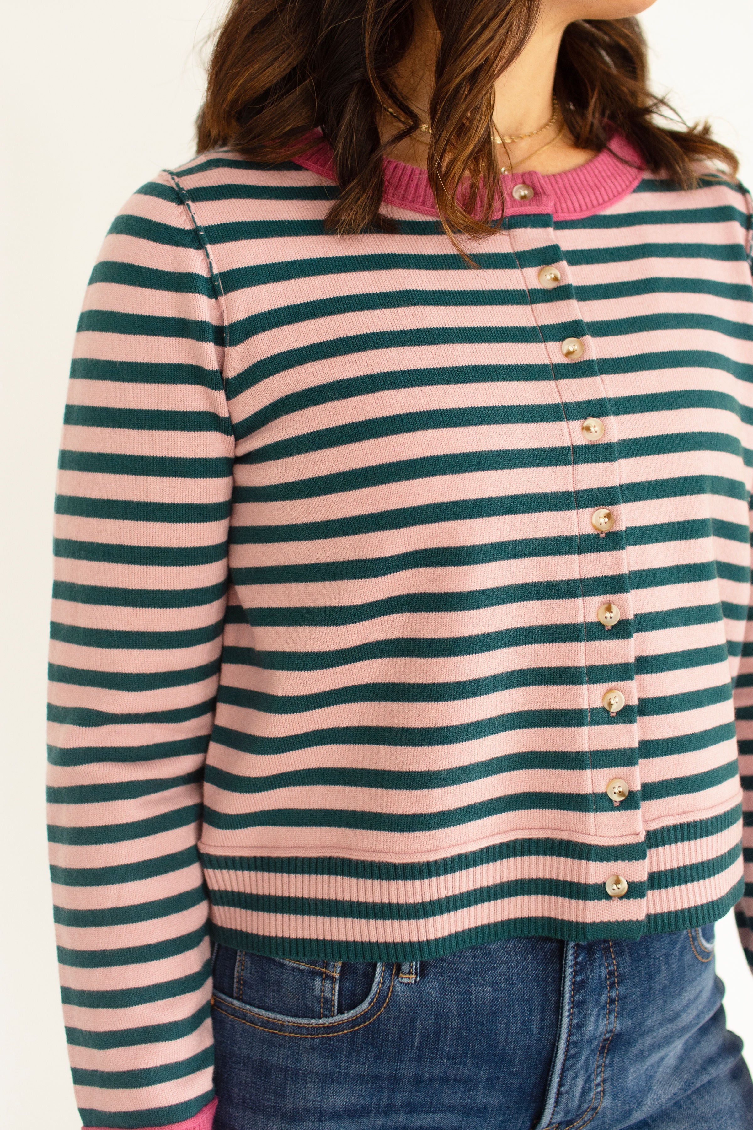 Rose & Forest Green Striped Cropped Cardigan | Lightweight Fall Layer