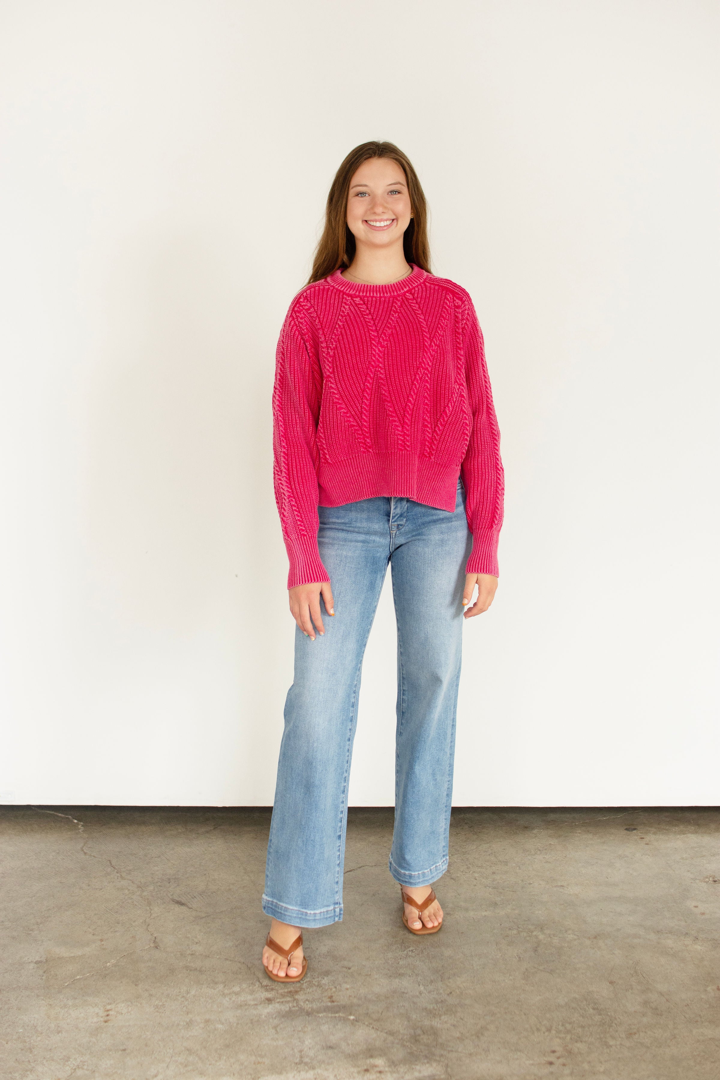 Washed Fuchsia Cropped Cable Knit Cotton Sweater