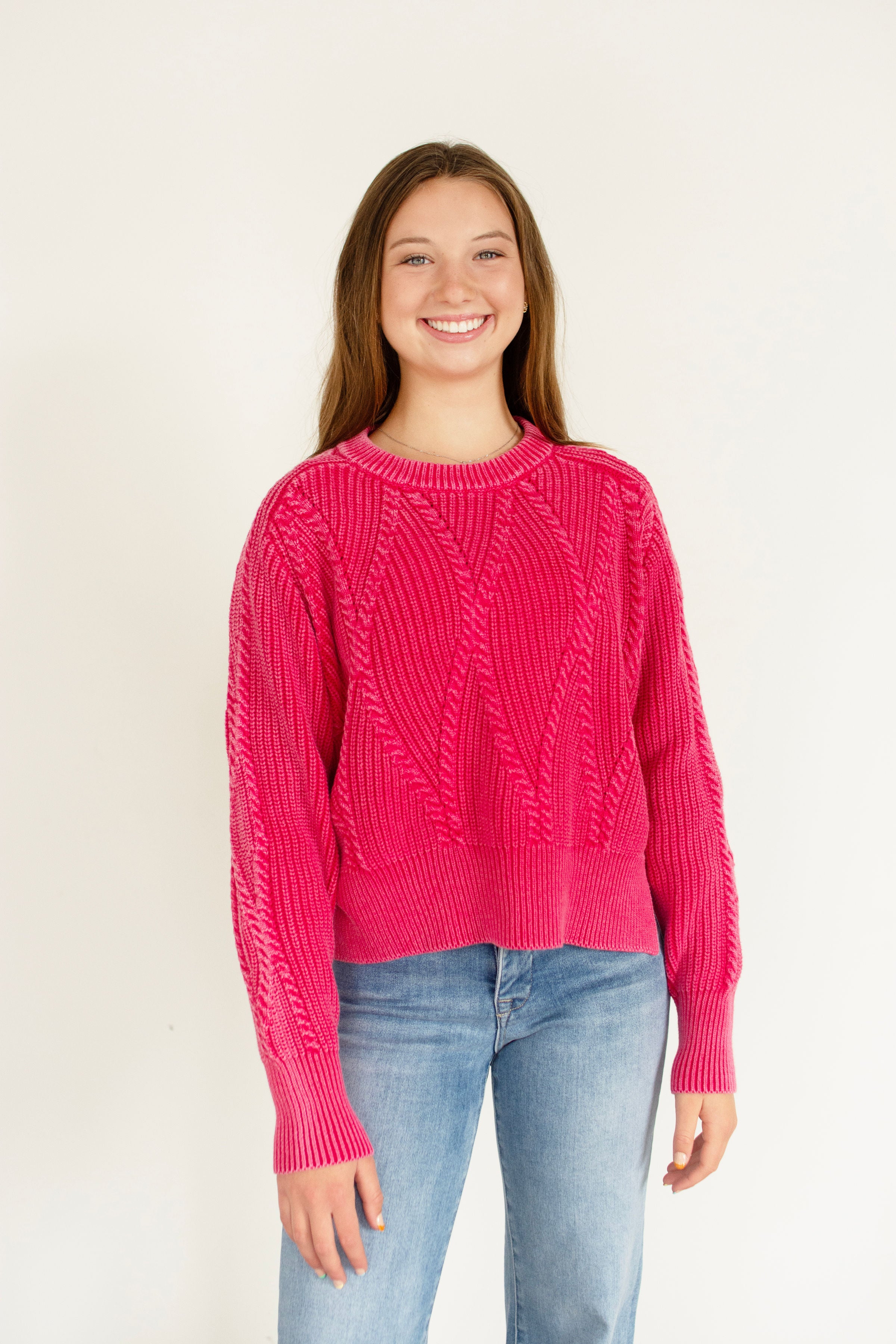 Washed Fuchsia Cropped Cable Knit Cotton Sweater