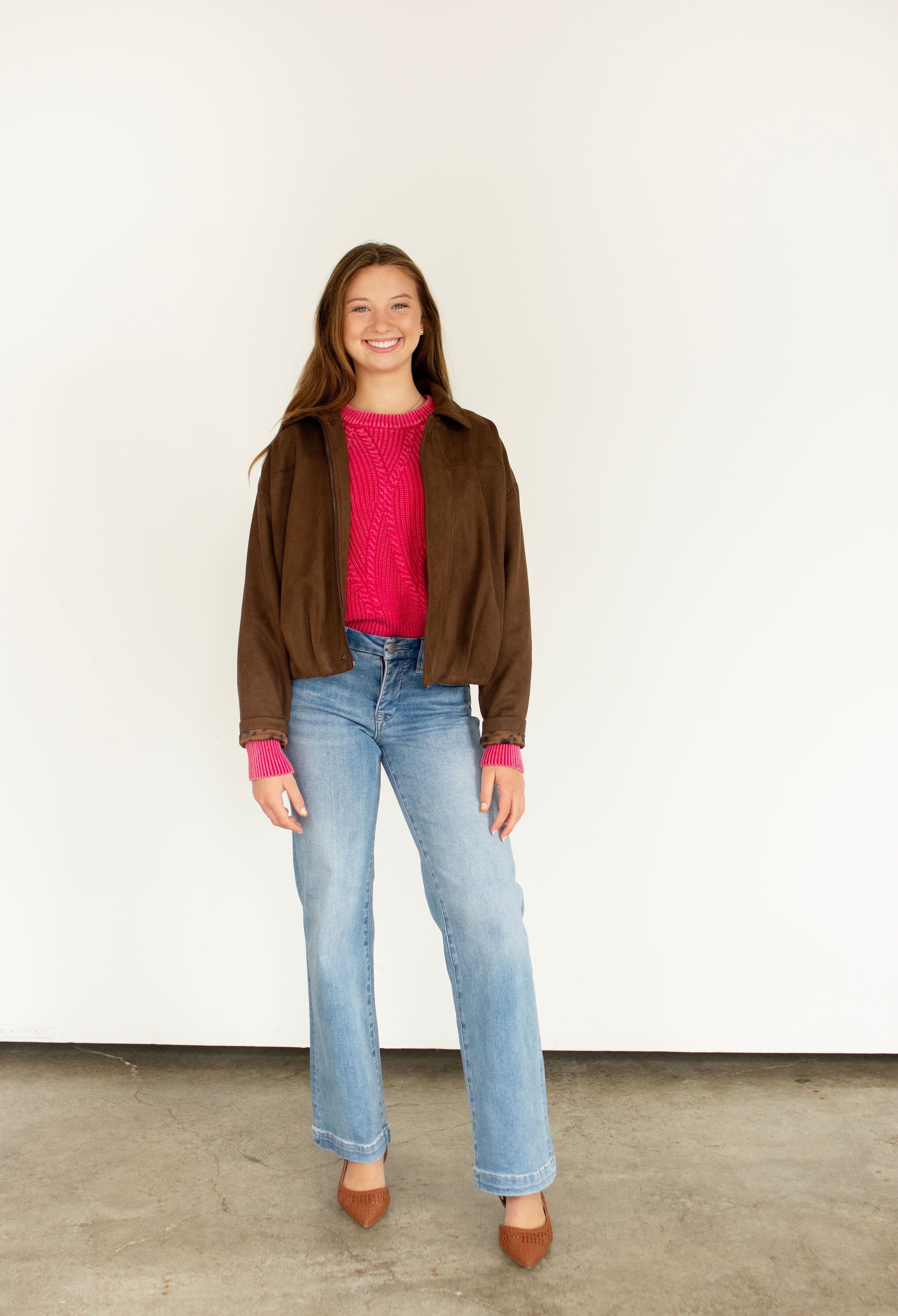 Luxe Faux Suede Gathered Hem Cropped Jacket - Dark Brown