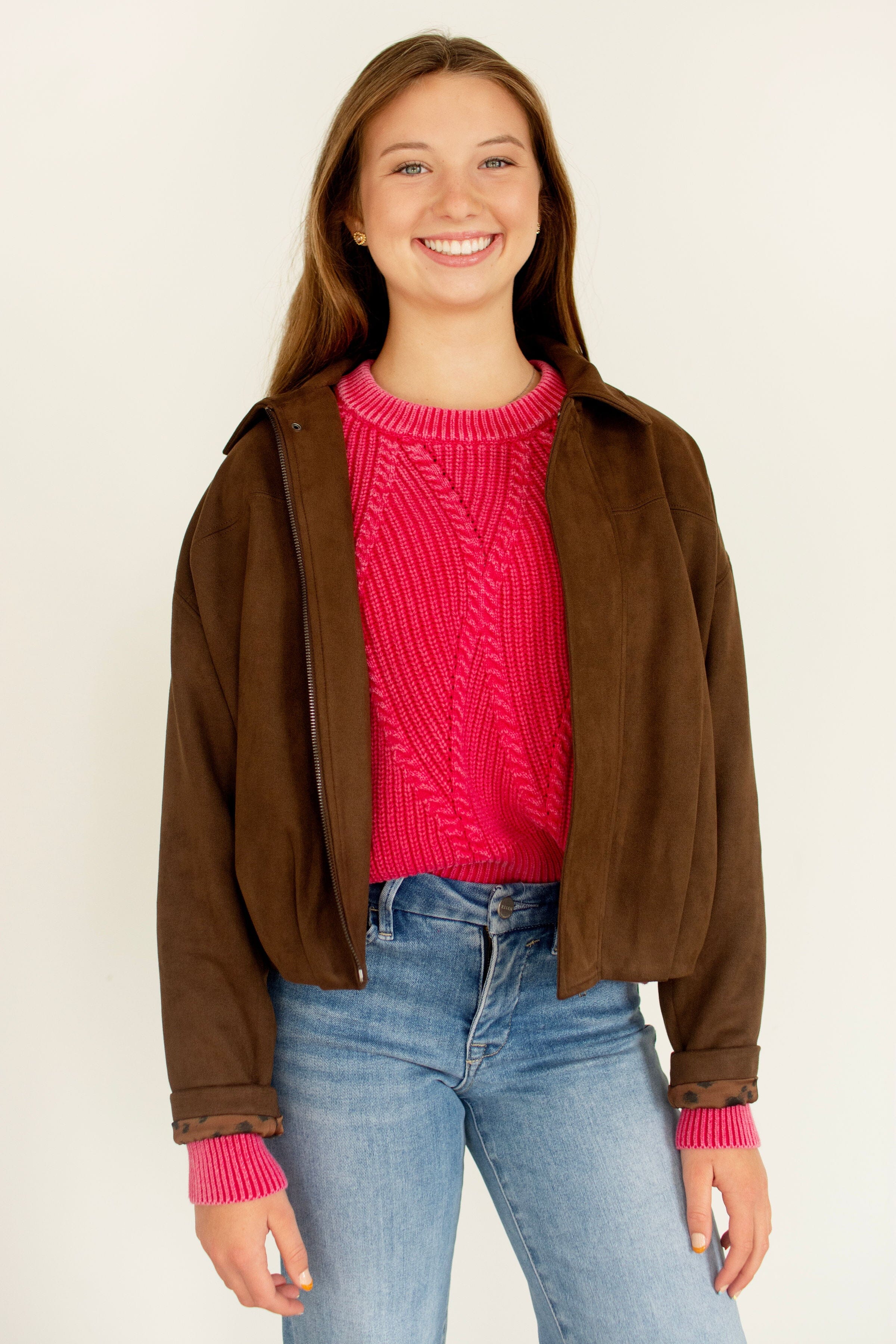 Luxe Faux Suede Gathered Hem Cropped Jacket - Dark Brown