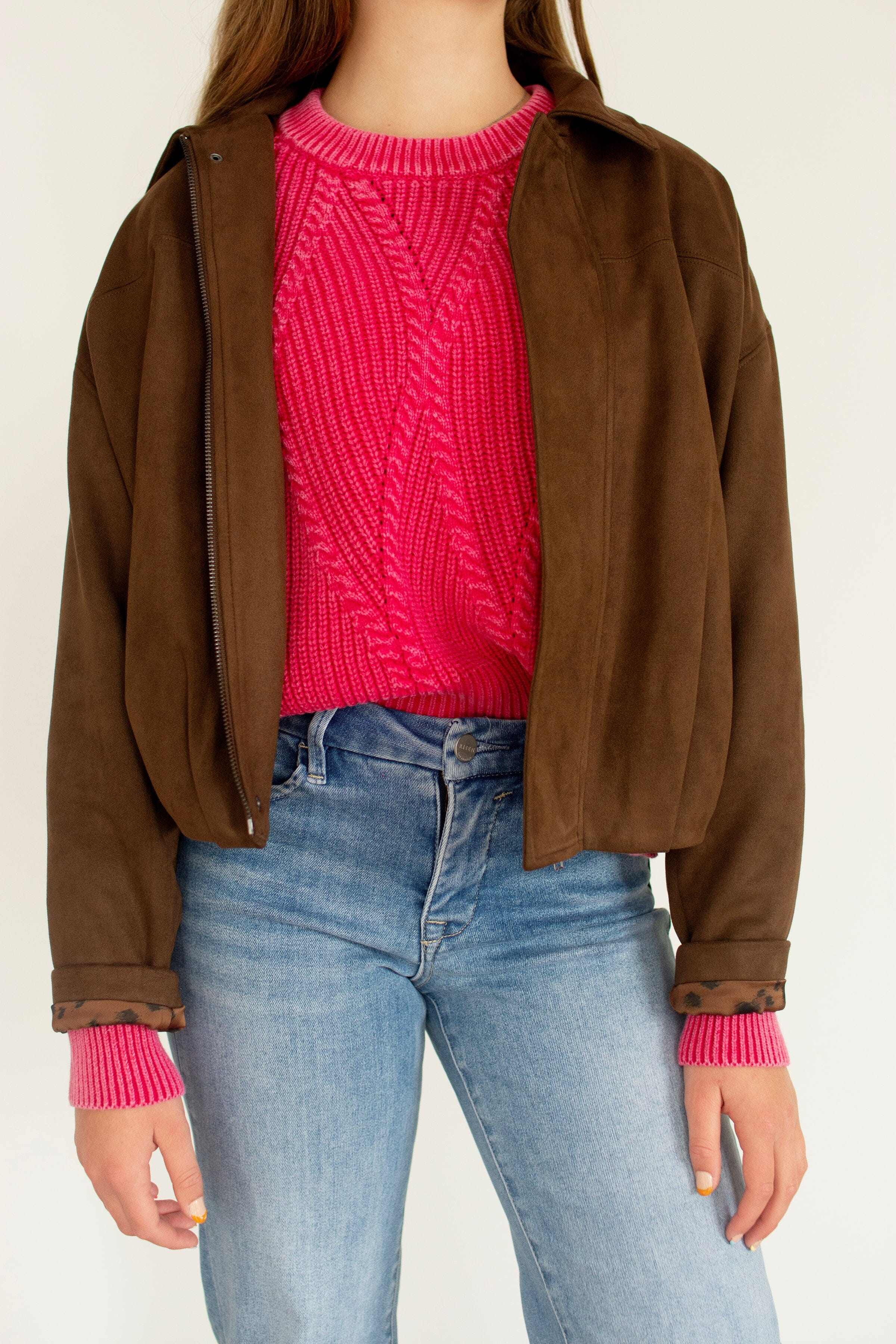 Luxe Faux Suede Gathered Hem Cropped Jacket - Dark Brown