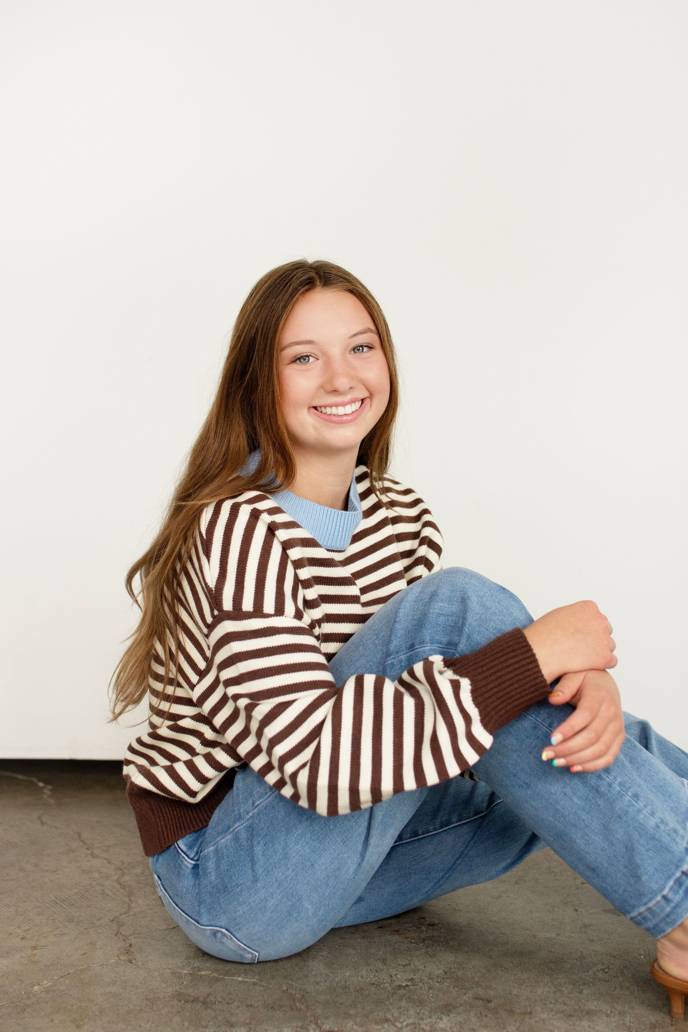 Blue Trim Chocolate Striped Cropped Relaxed Sweater