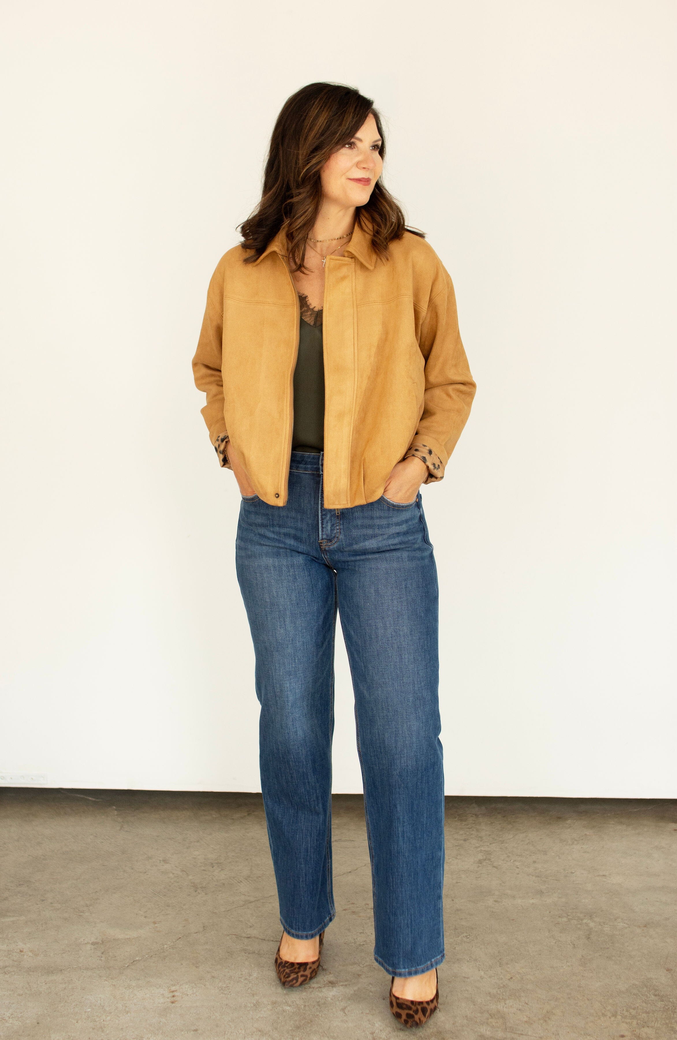 Luxe Faux Suede Gathered Hem Cropped Jacket - Camel
