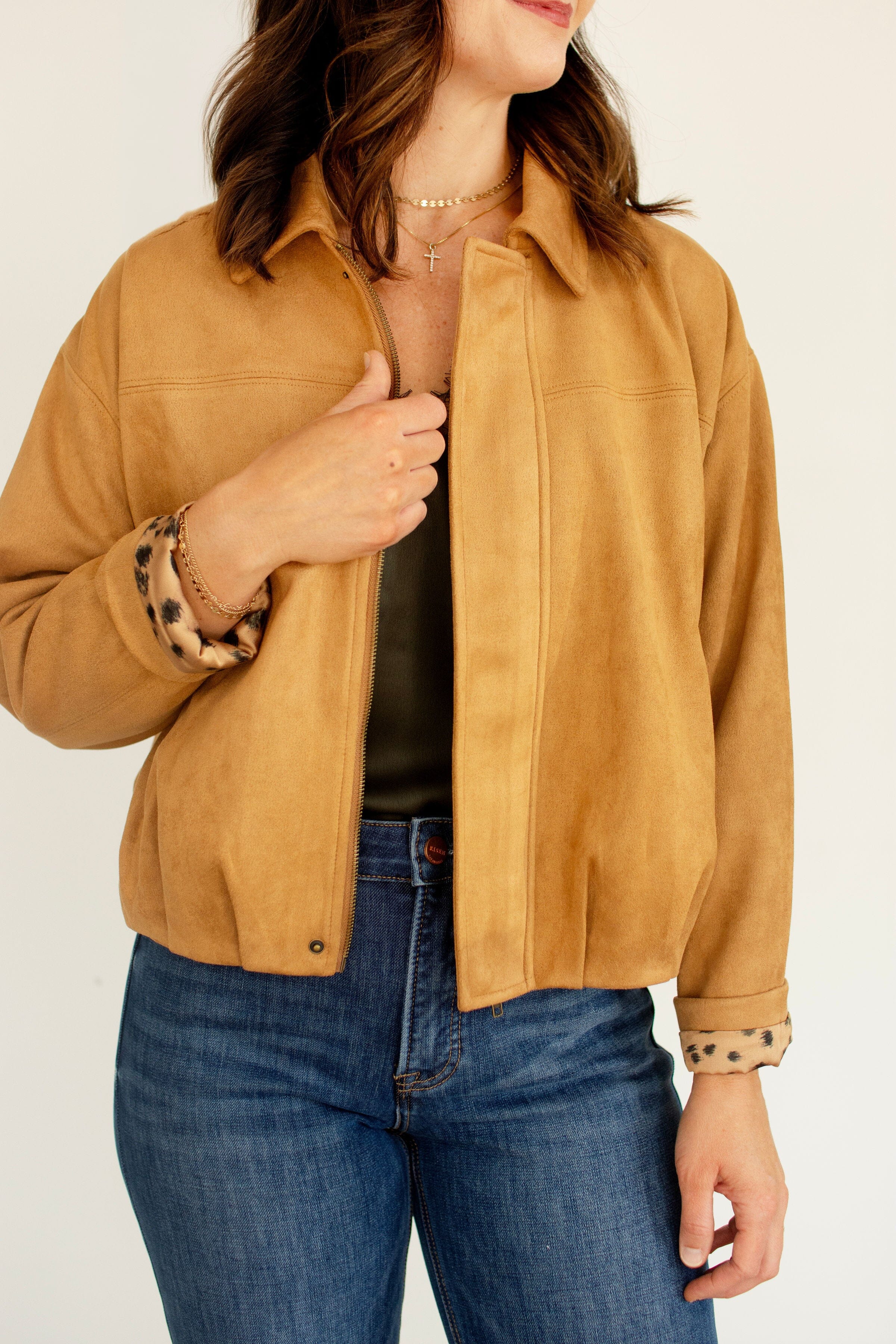 Luxe Faux Suede Gathered Hem Cropped Jacket - Camel