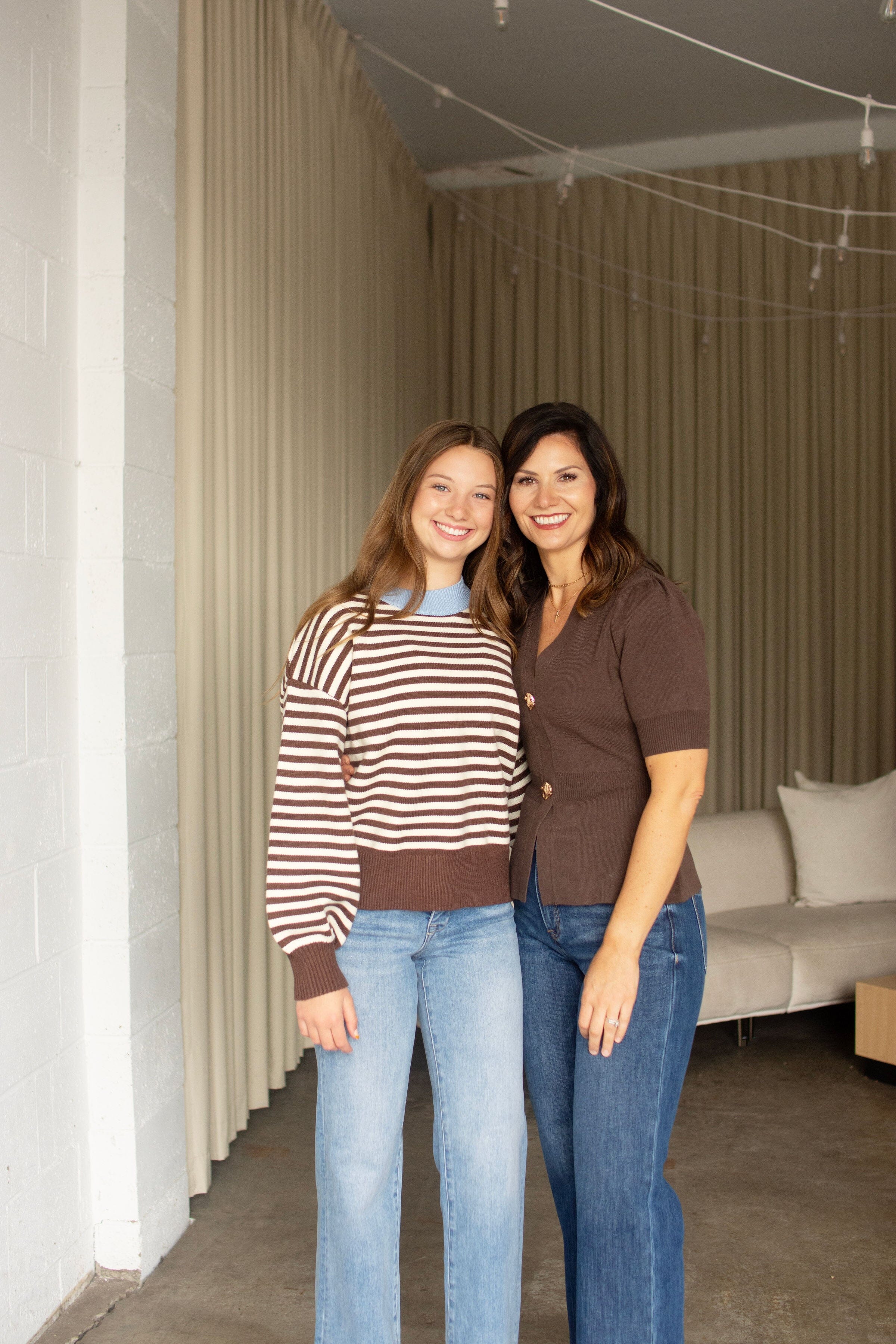Blue Trim Chocolate Striped Cropped Relaxed Sweater