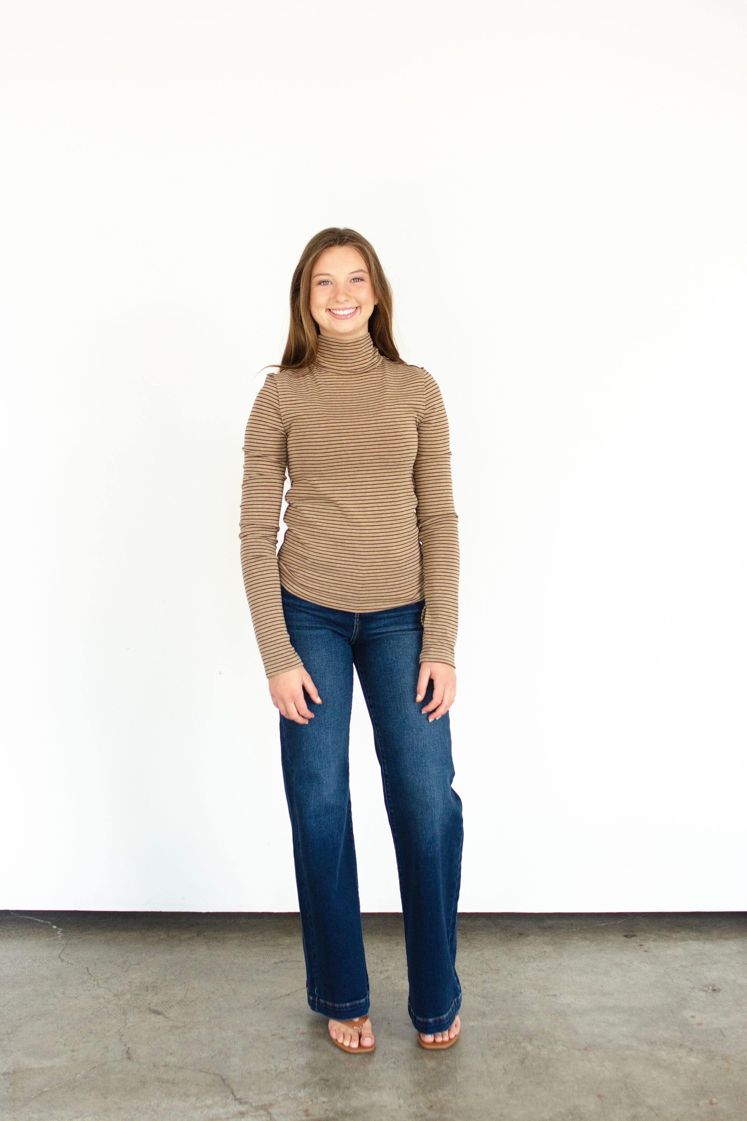 Mocha Stripe Exposed Seam Turtleneck Top with Thumbholes