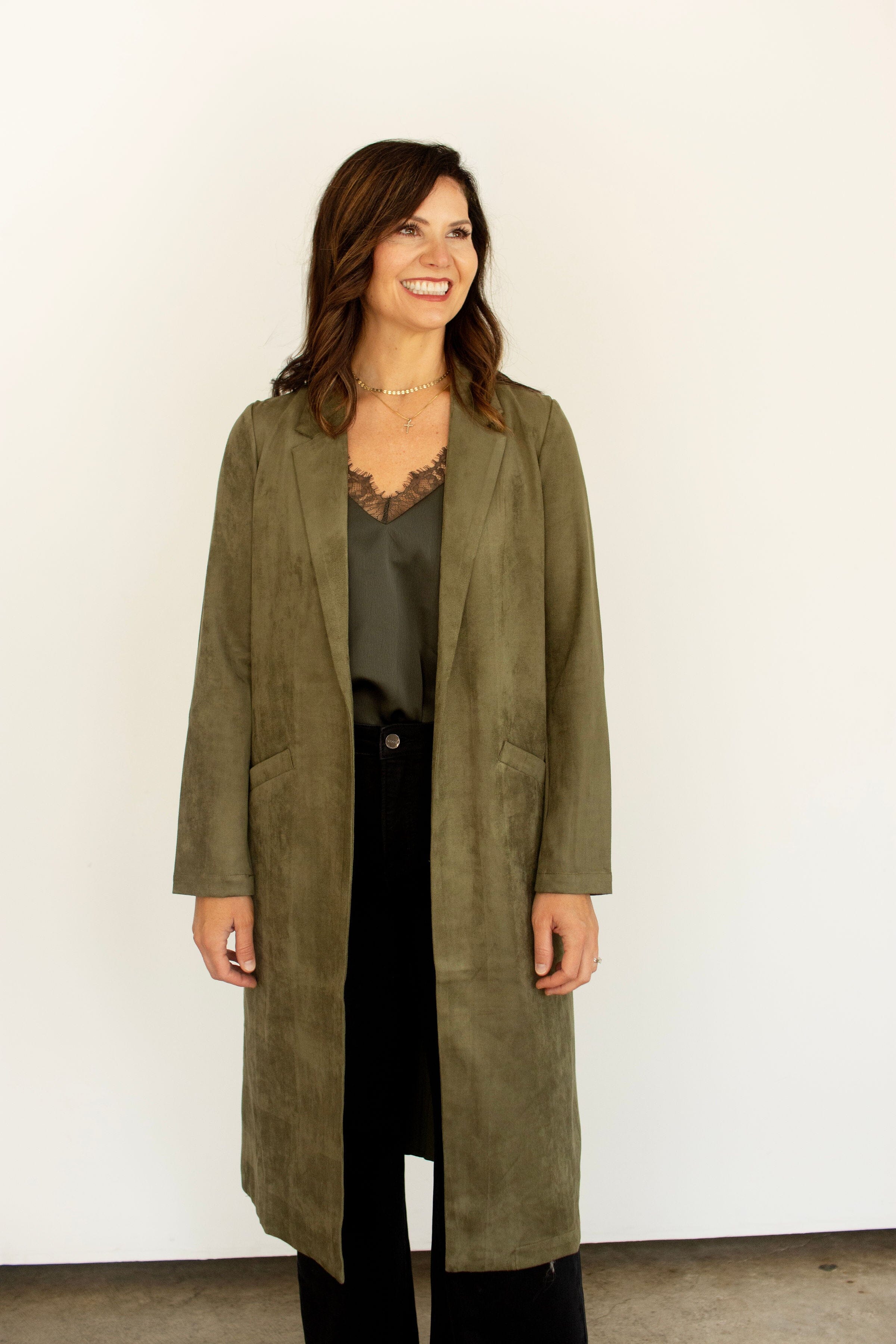 Olive Luxe Faux Suede Duster Jacket – Lightweight Open Front Layering Piece