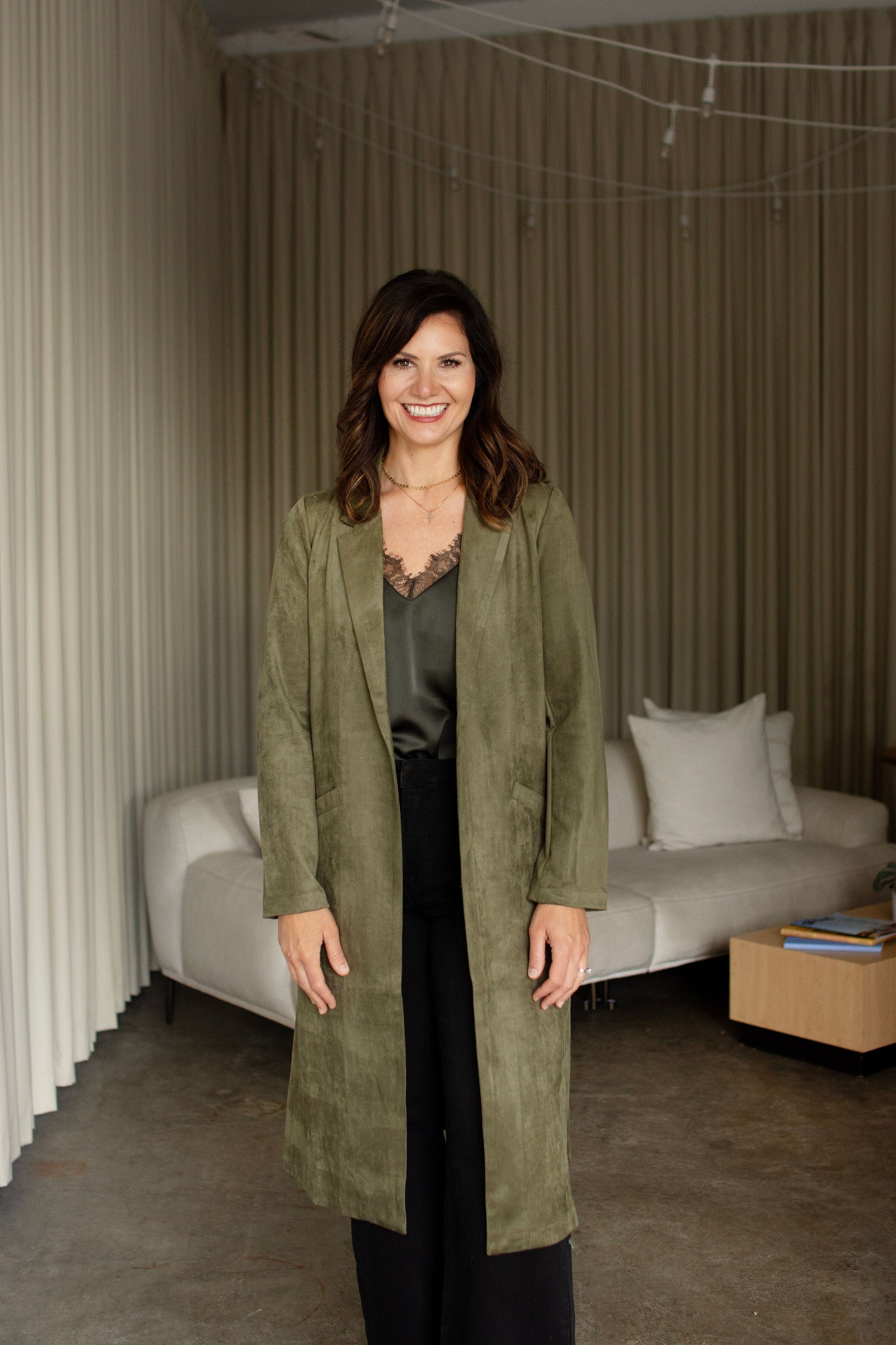 Olive Luxe Faux Suede Duster Jacket – Lightweight Open Front Layering Piece