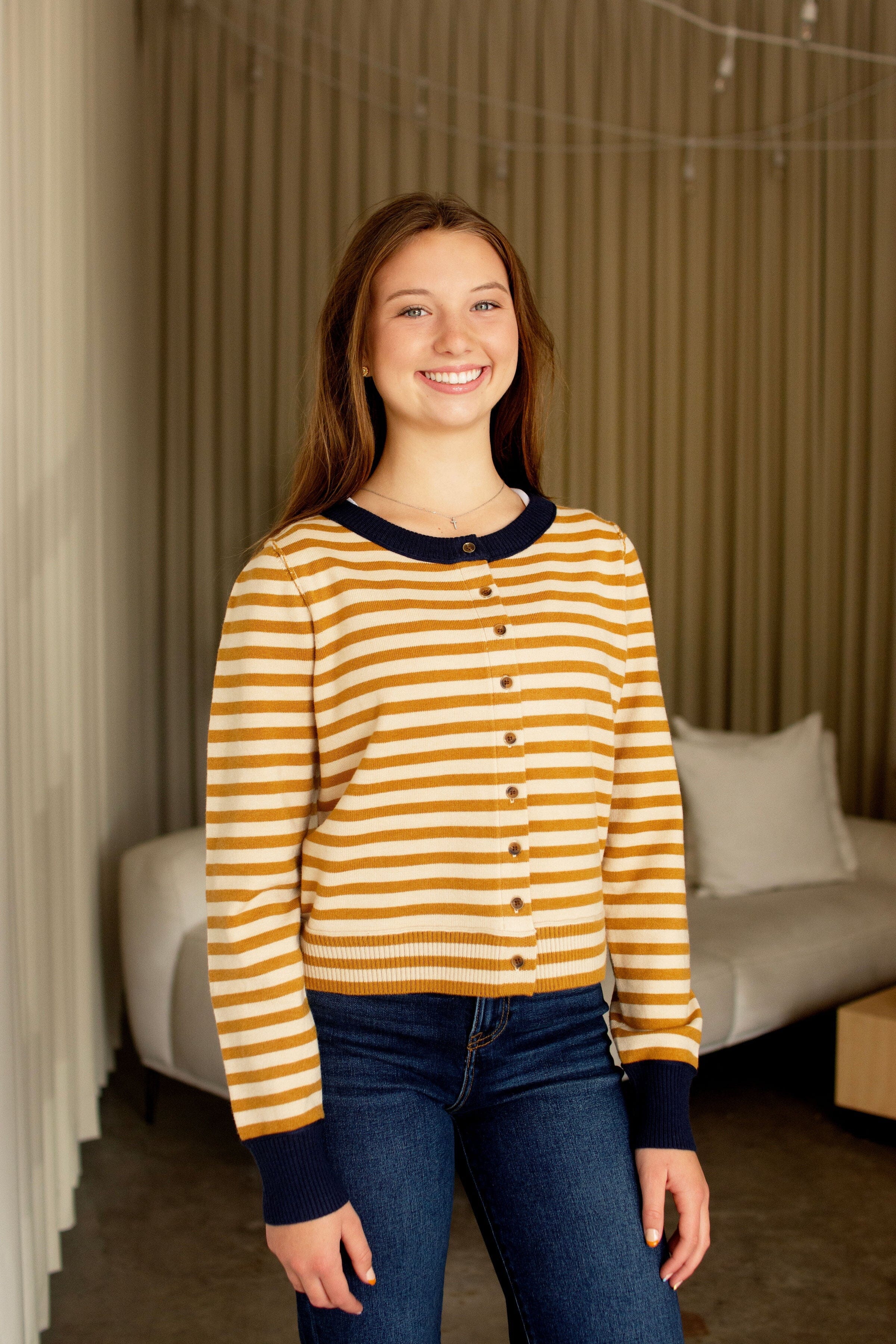 Mustard & Navy Striped Cropped Cardigan | Lightweight Autumn Layer