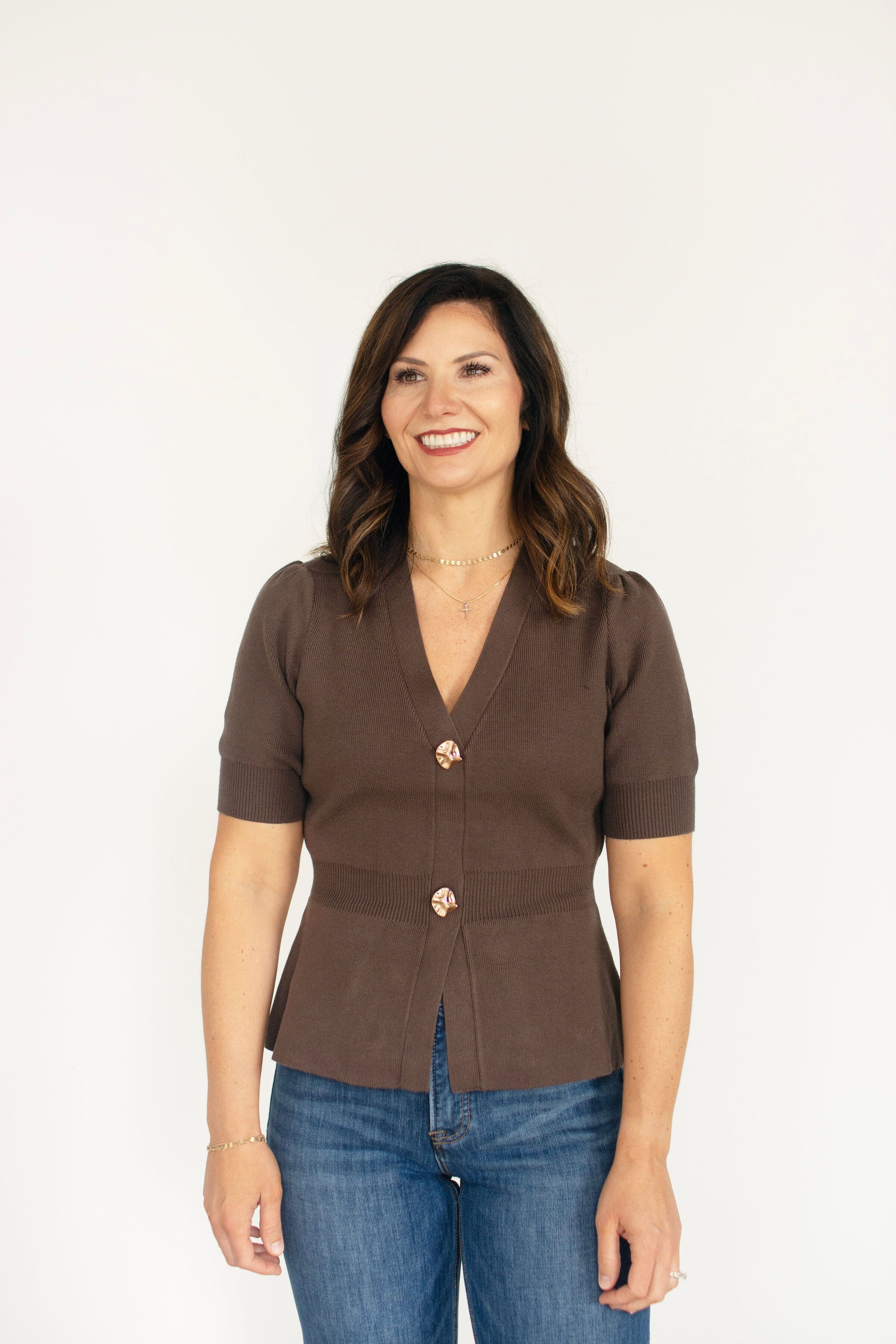 Chocolate Brown Ribbed Short Sleeve Cardigan with Gold Buttons