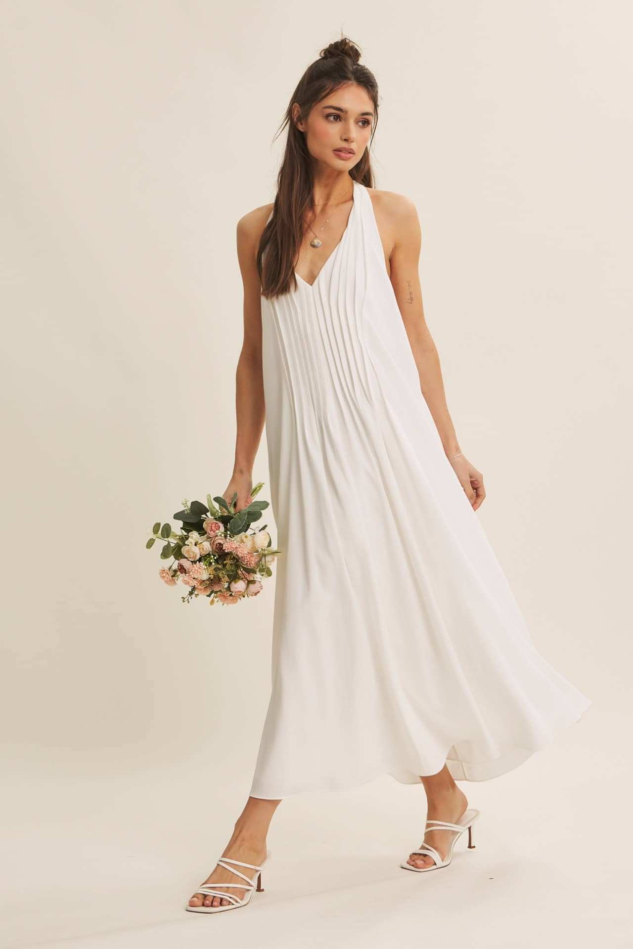 Serene Pintuck Halter Midi Dress – Off White