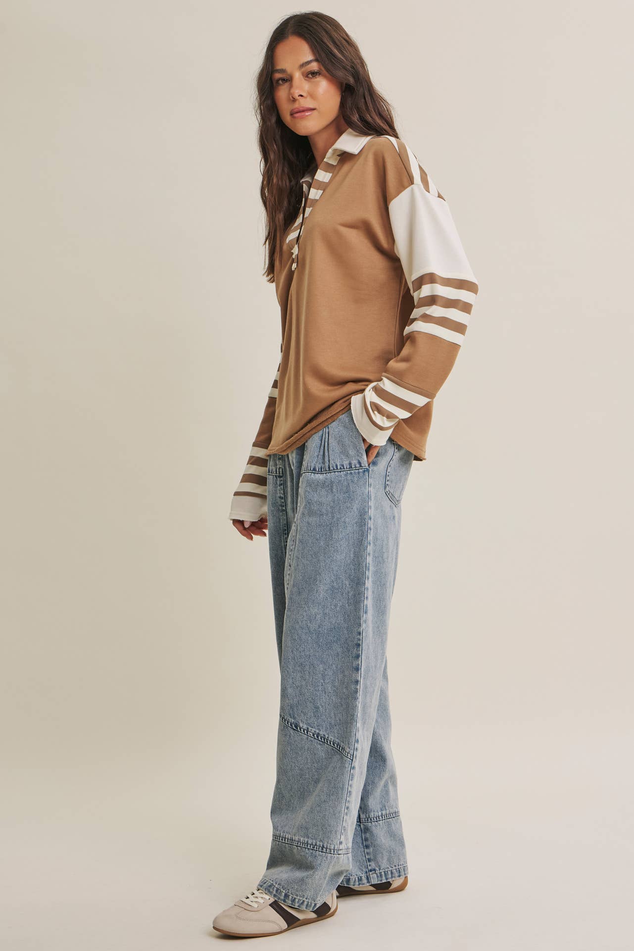 FRESH COASTAL STRIPE MIX RELAXED FIT FRENCH TERRY TOP: TWILIGHT BLUE / S | Stella & Grace Boutique .