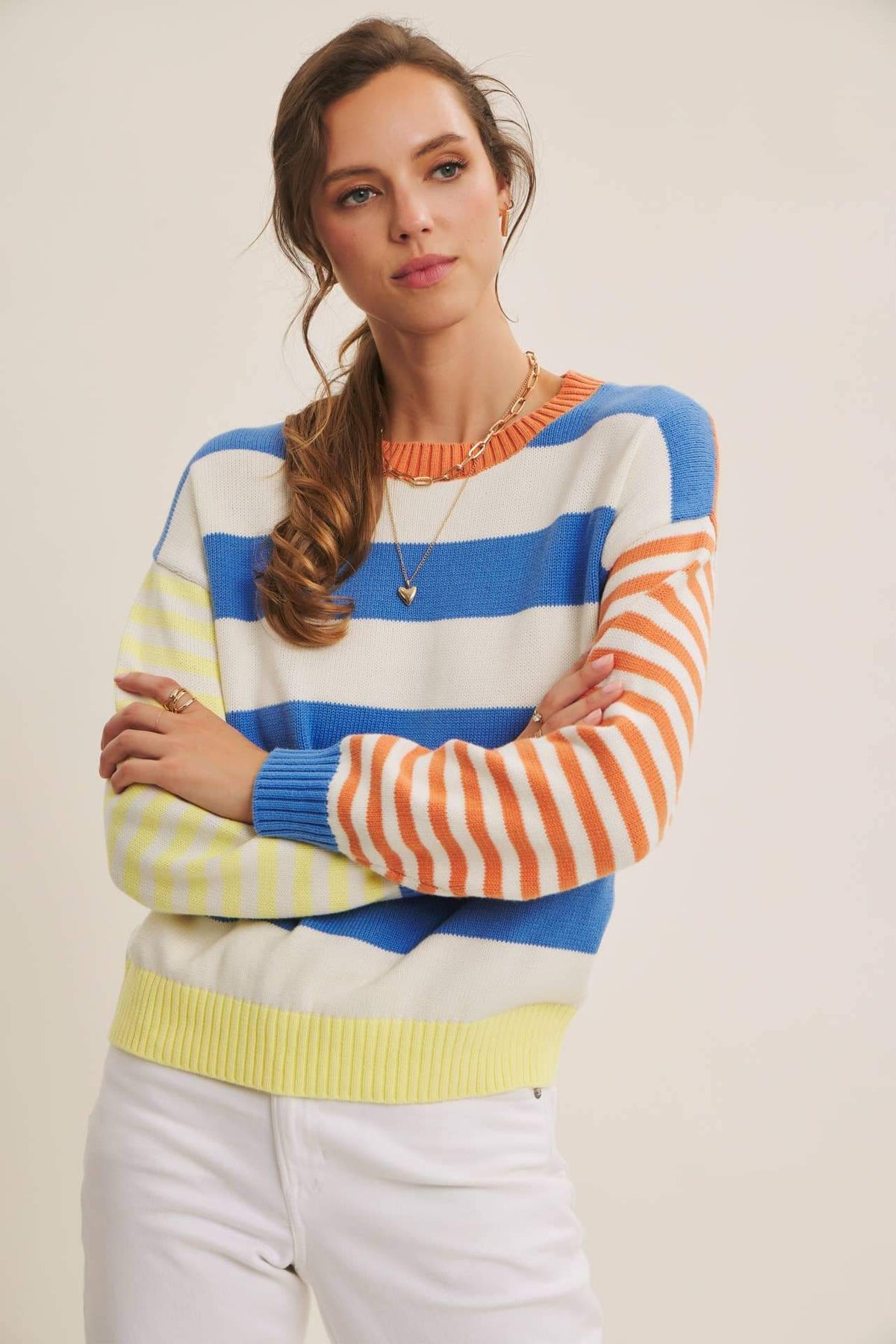 JOYFUL COLOR BLOCKED BOLD STRIPE RELAXED FIT COTTON SWEATER: BLUE/LEMON MULTI / S