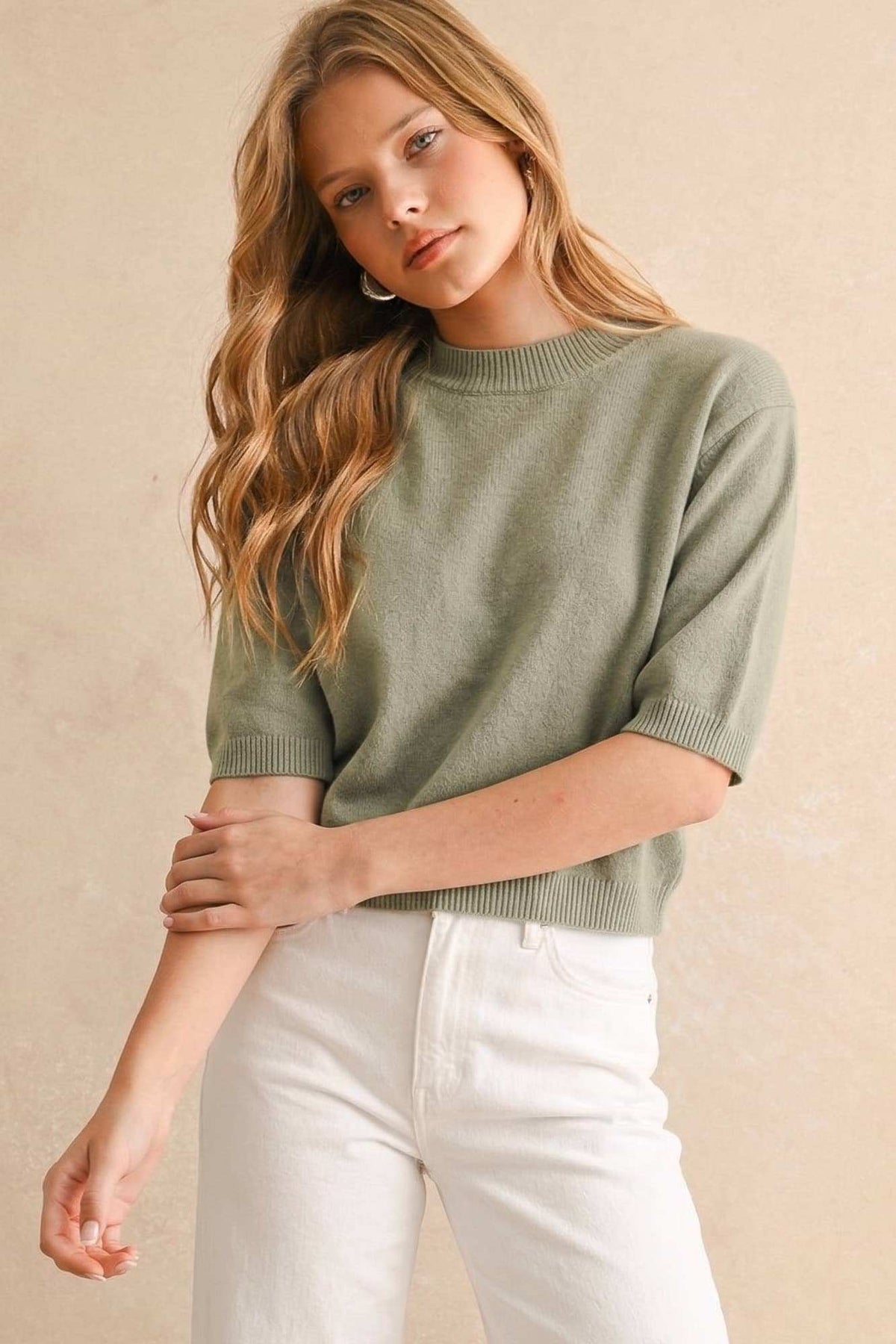 Sage Butter Cropped Short Sleeve Knit Sweater Top