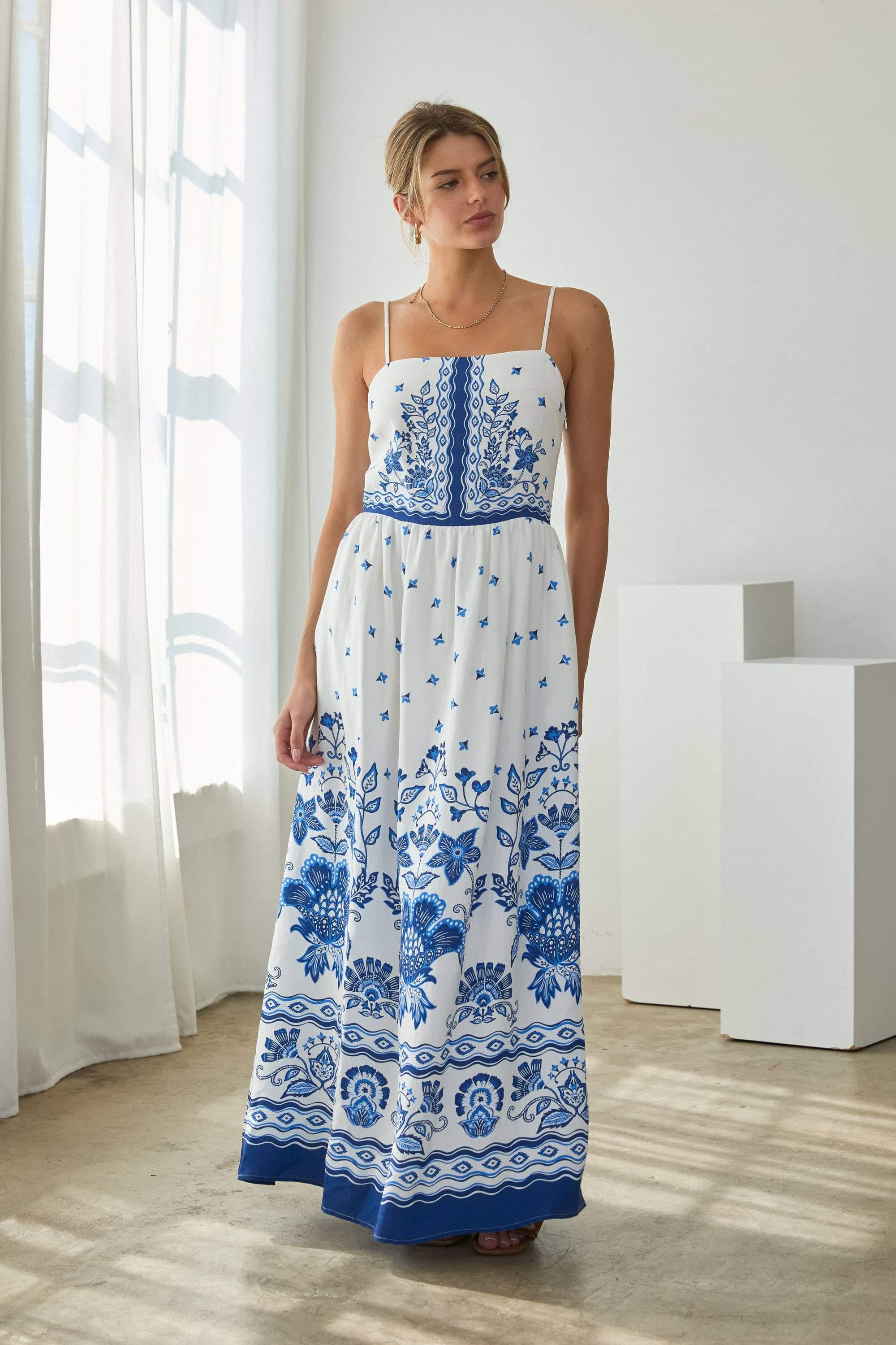 Serene Blue Floral Border Print Maxi Dress