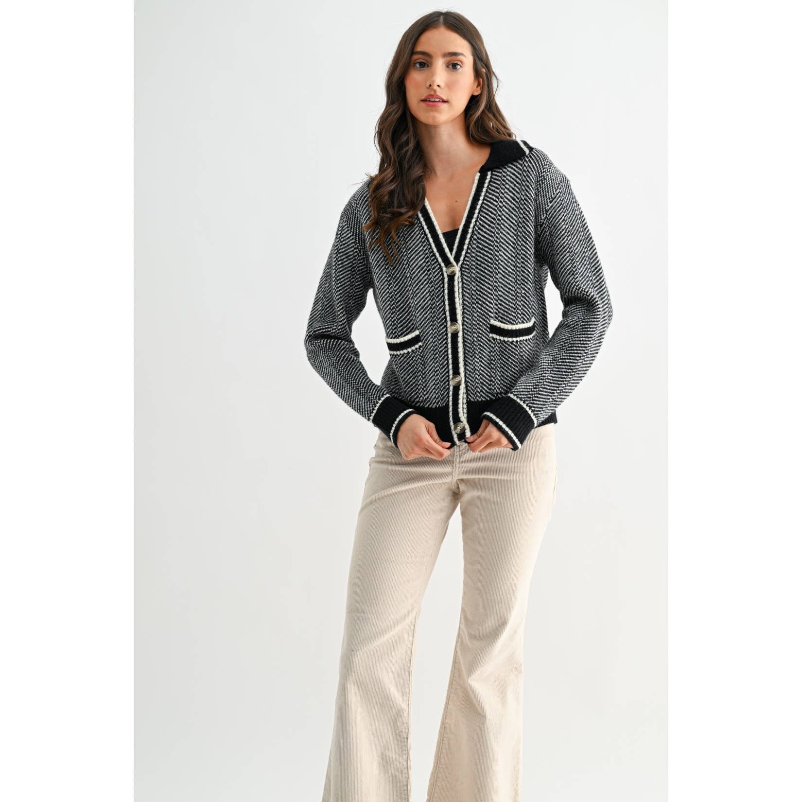 HERRINGBONE KNIT CARDIGAN IN BLACK: BLACK / S-M-L(3-2-1)