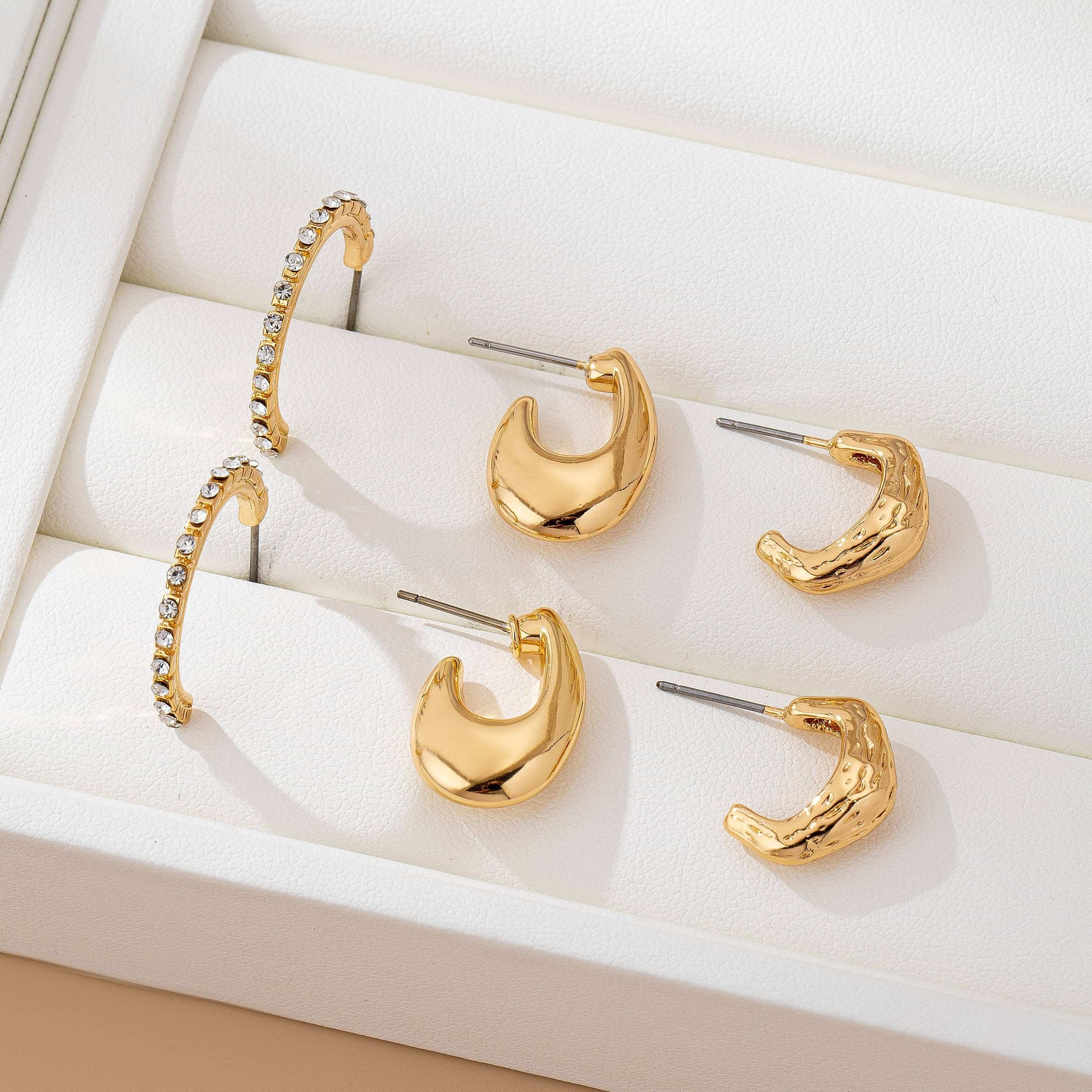 Tapered Rhinestone Huggie Hoop Trio Earring | 80E61671: GOLD