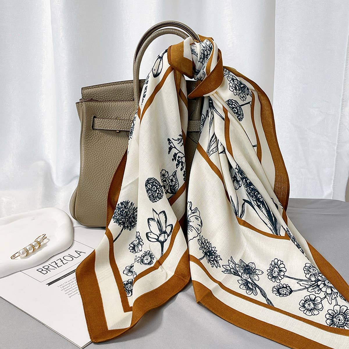 Floral Square Scarf – Elegant Wrap_CWASC0901: Brown / (OS) 2