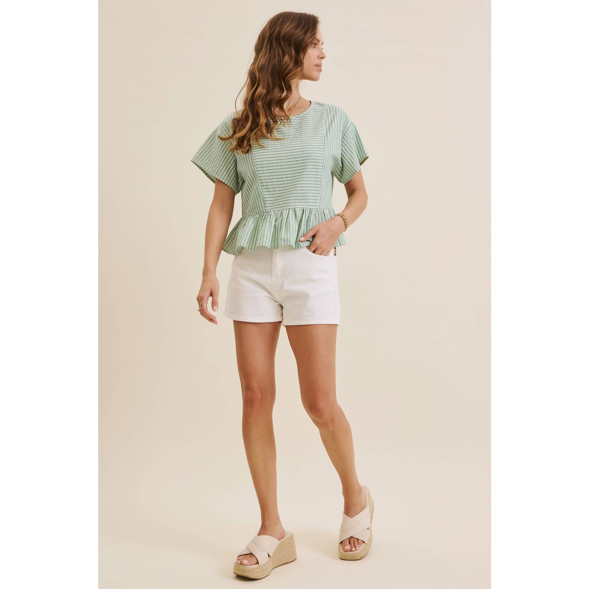 Clover Green Textured Stripe Babydoll Peplum Blouse