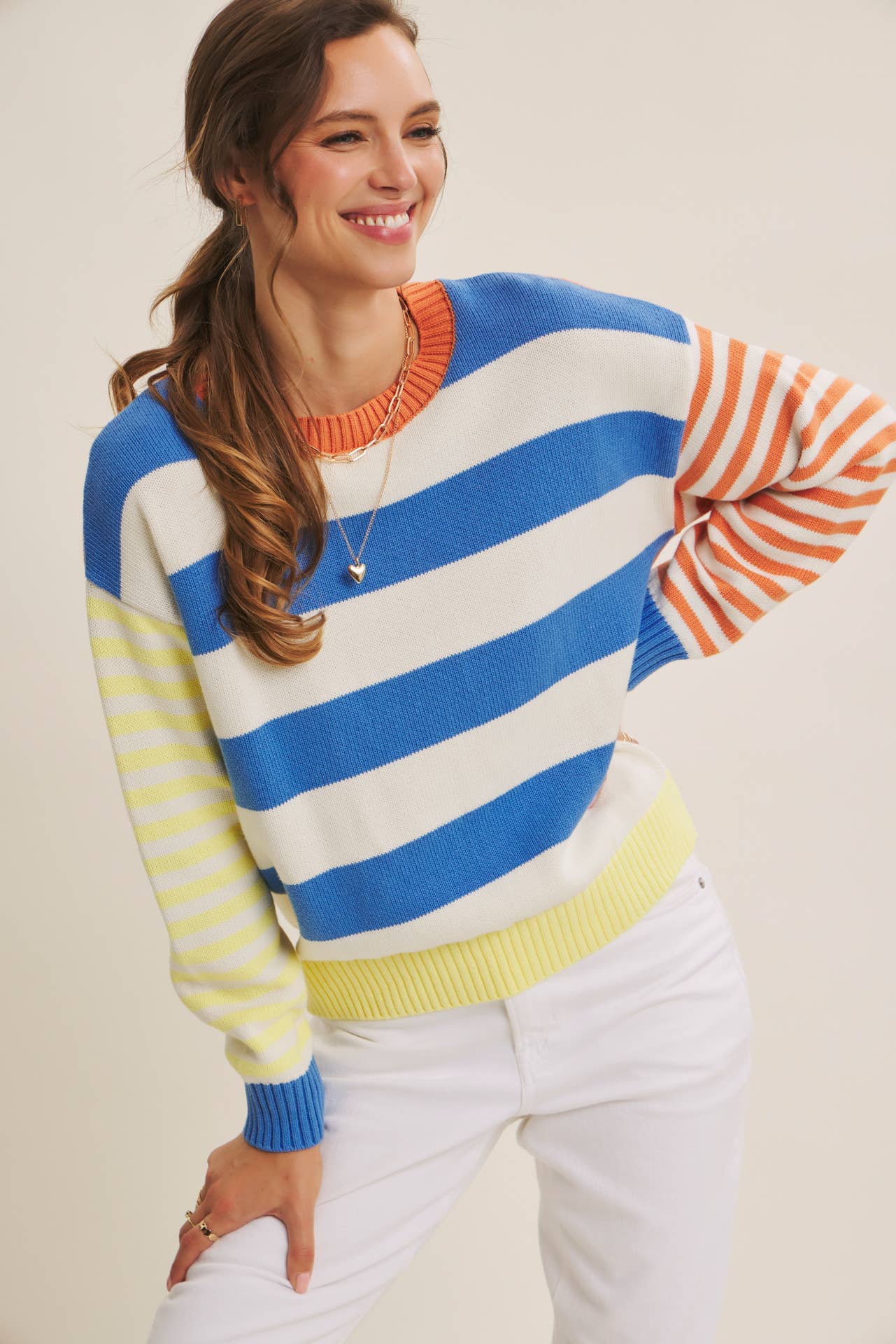 JOYFUL COLOR BLOCKED BOLD STRIPE RELAXED FIT COTTON SWEATER: BLUE/LEMON MULTI / S