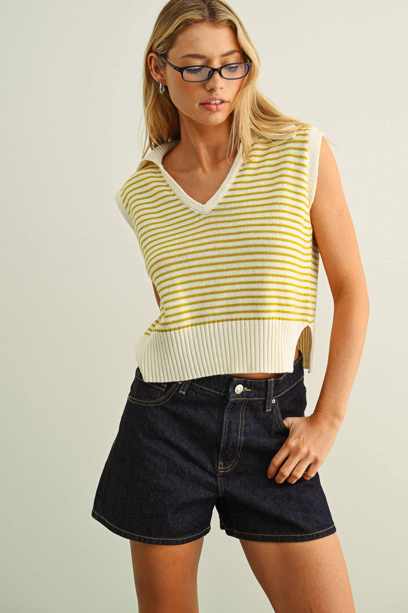 Lemon Stripe V-Neck Collar Knitted Top