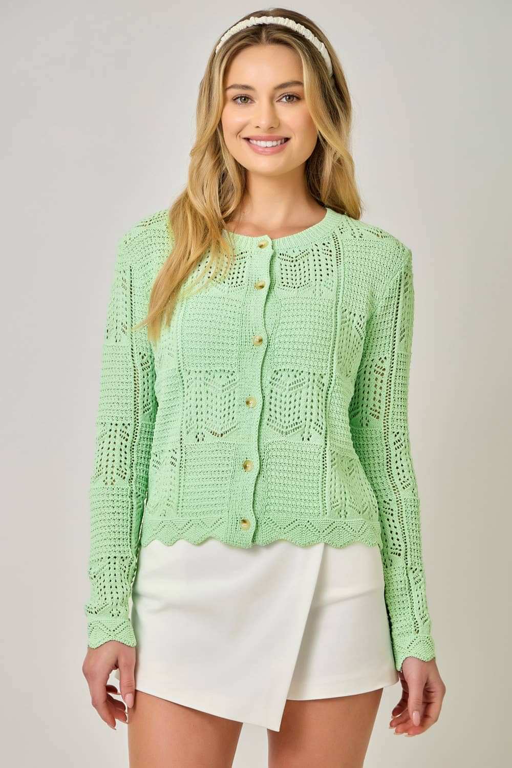 71163 Spring Pointelle Cardigan: Pistachio / Large