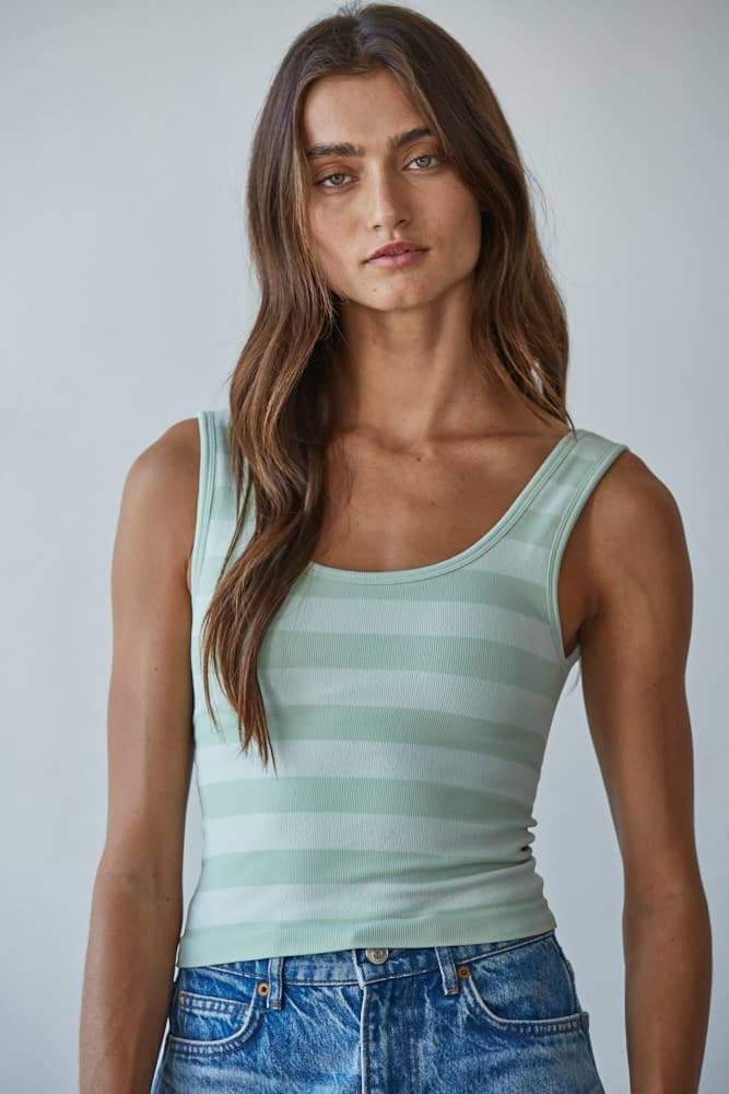 S1309N | Knit Striped Seamless Padded Tank Top : Dusty Mint / SM