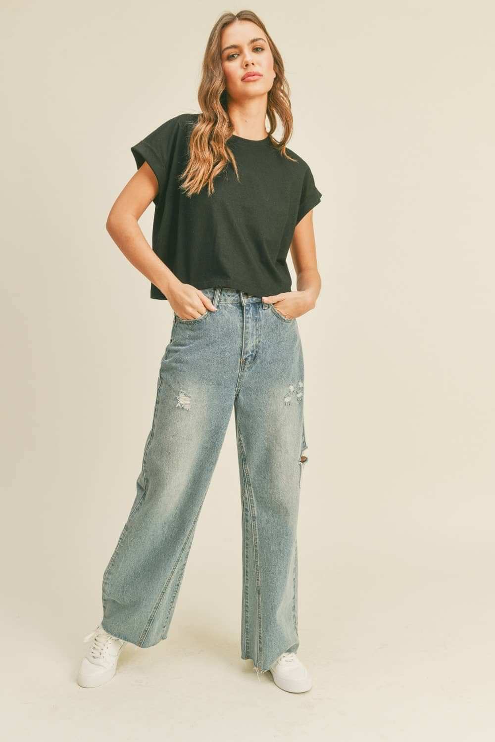 Midnight Cotton Cuffed Sleeve Cropped Top
