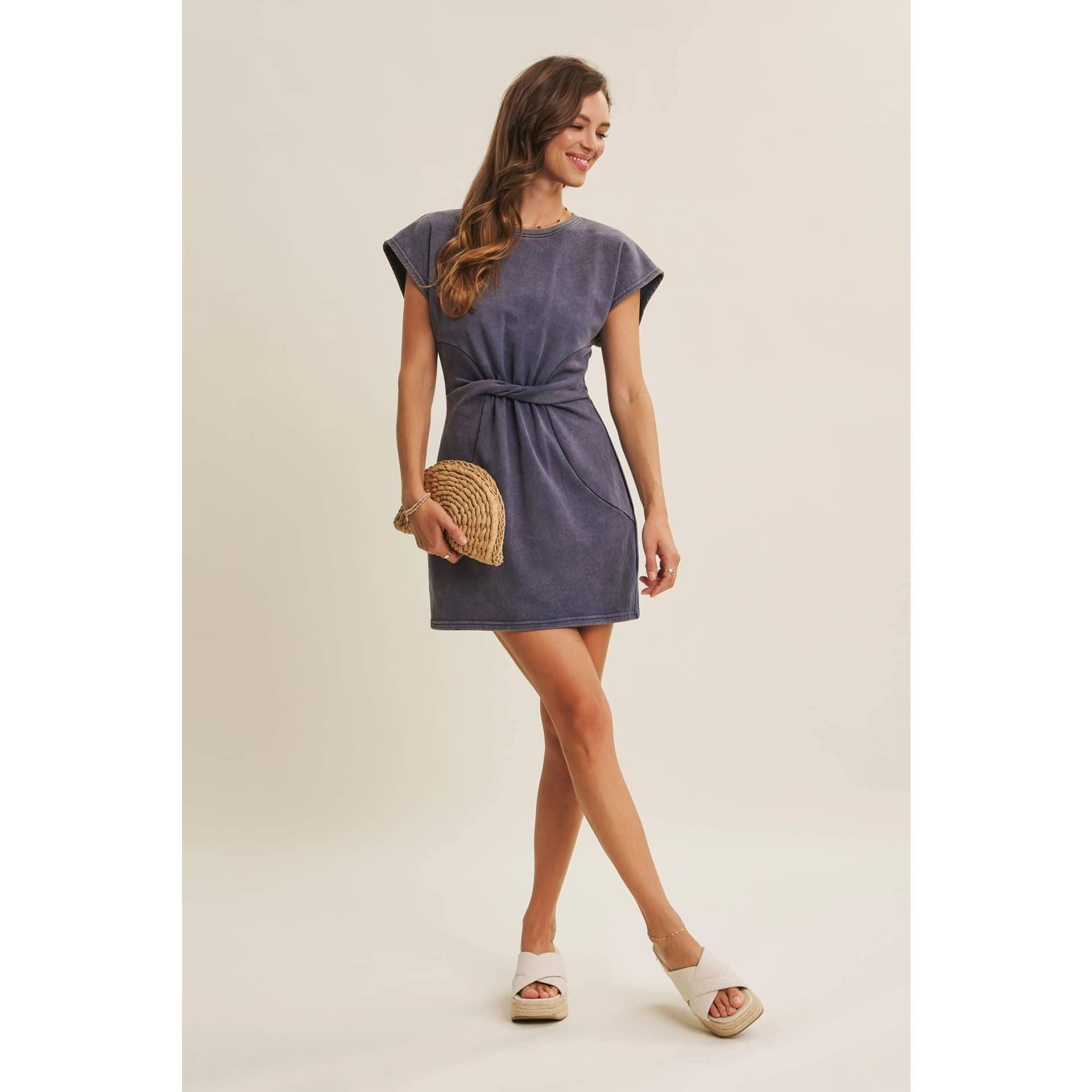 EASYGOING MINERAL-WASHED WAIST TWIST TERRY MINI DRESS: WASHED DENIM / S