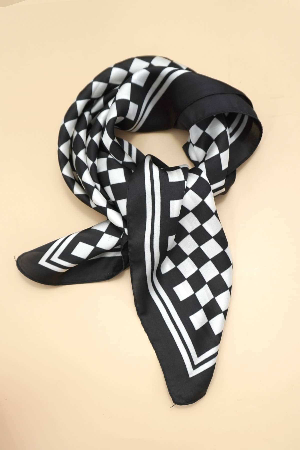 Black Large Checker Print Silky Bandana Scarf