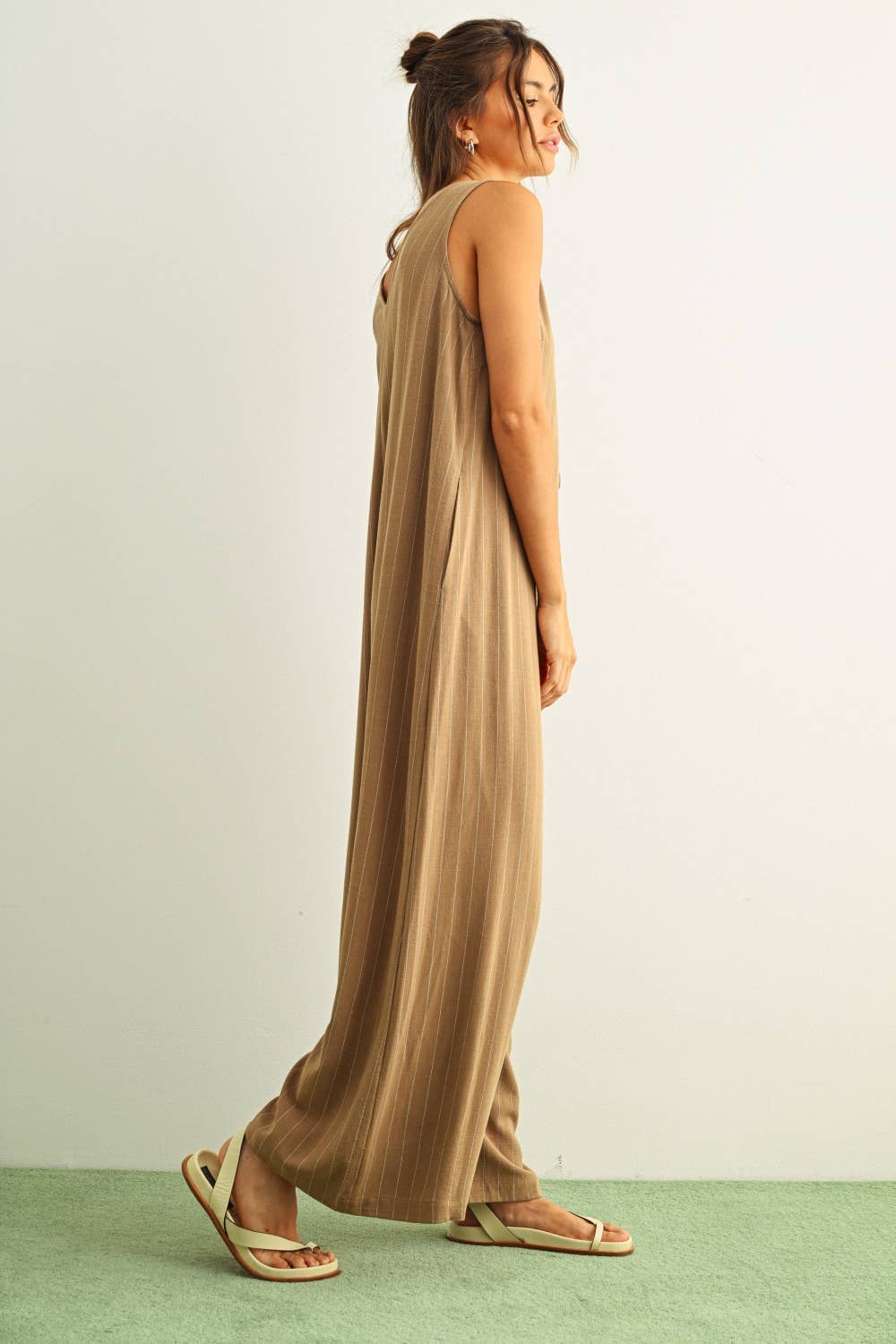 Mocha Striped Linen-Blend Button Front Jumpsuit with Pockets
