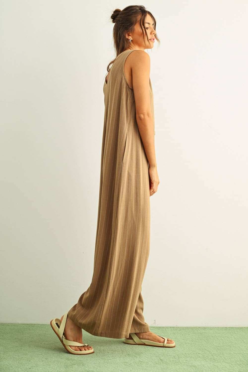 Mocha Striped Linen-Blend Button Front Jumpsuit with Pockets
