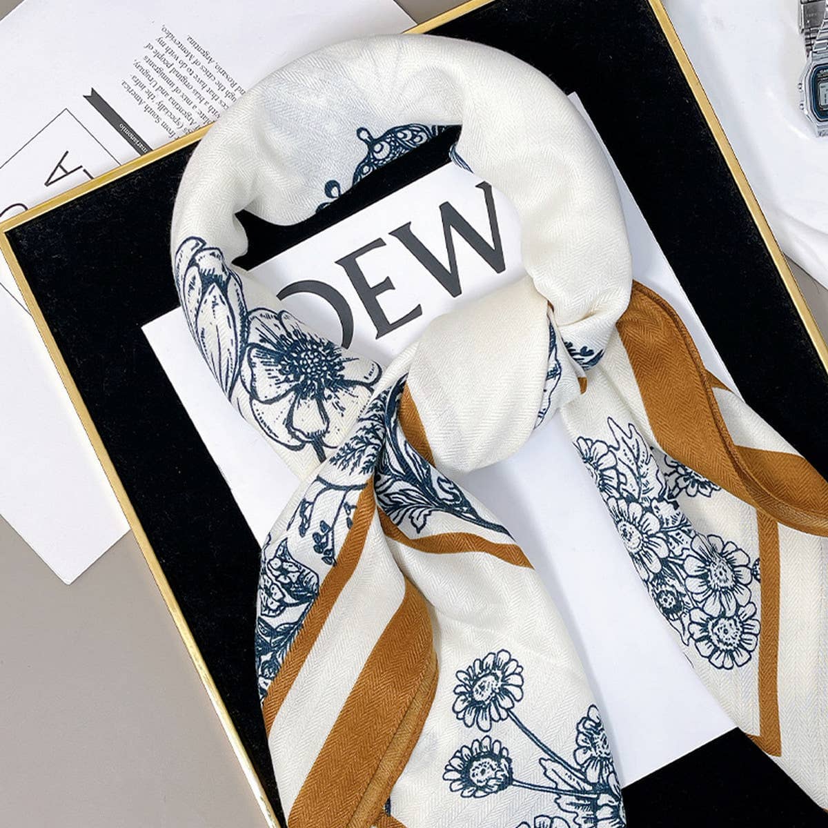 Floral Square Scarf – Elegant Wrap_CWASC0901: Brown / (OS) 2