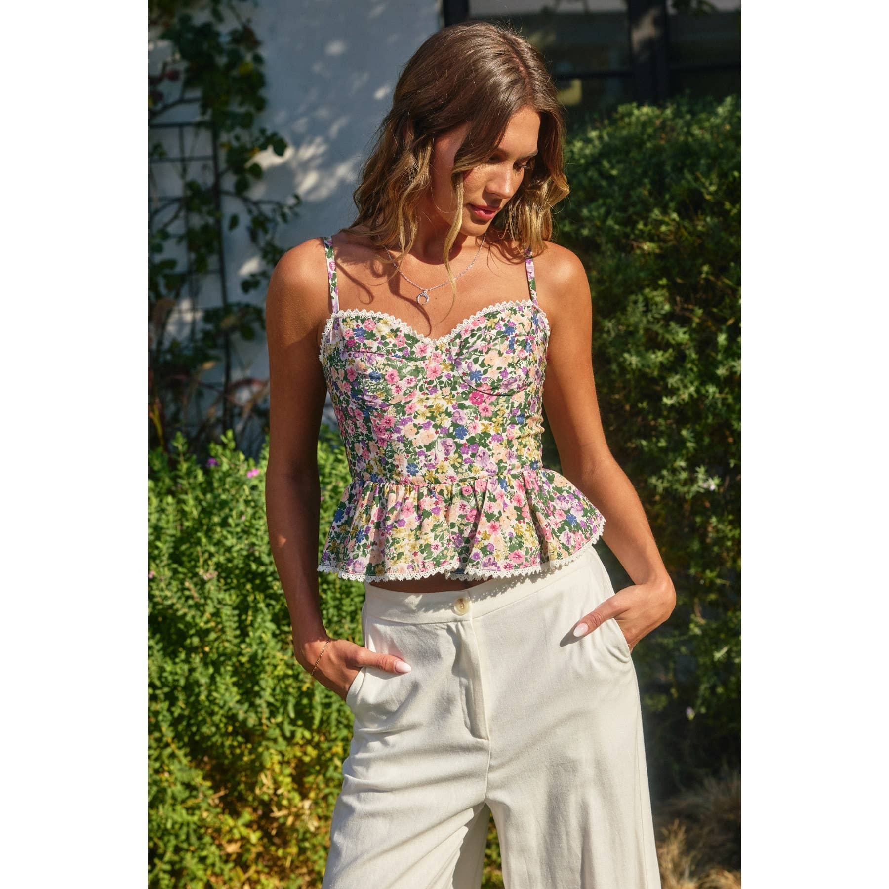Morning Glory Flared Cami Top (1): PINK GREEN FLORAL / S-M-L(3-2-1)