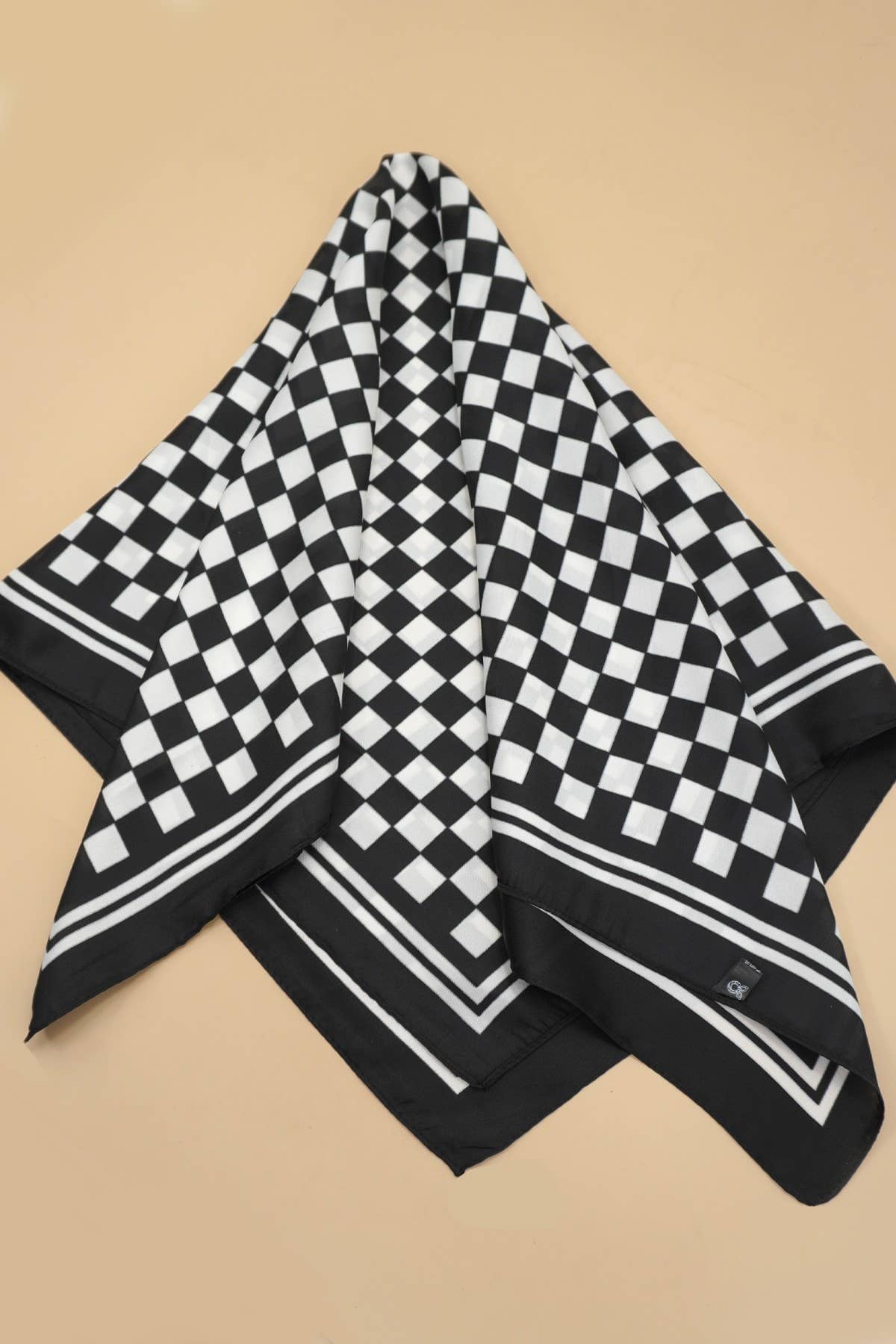 Black Large Checker Print Silky Bandana Scarf