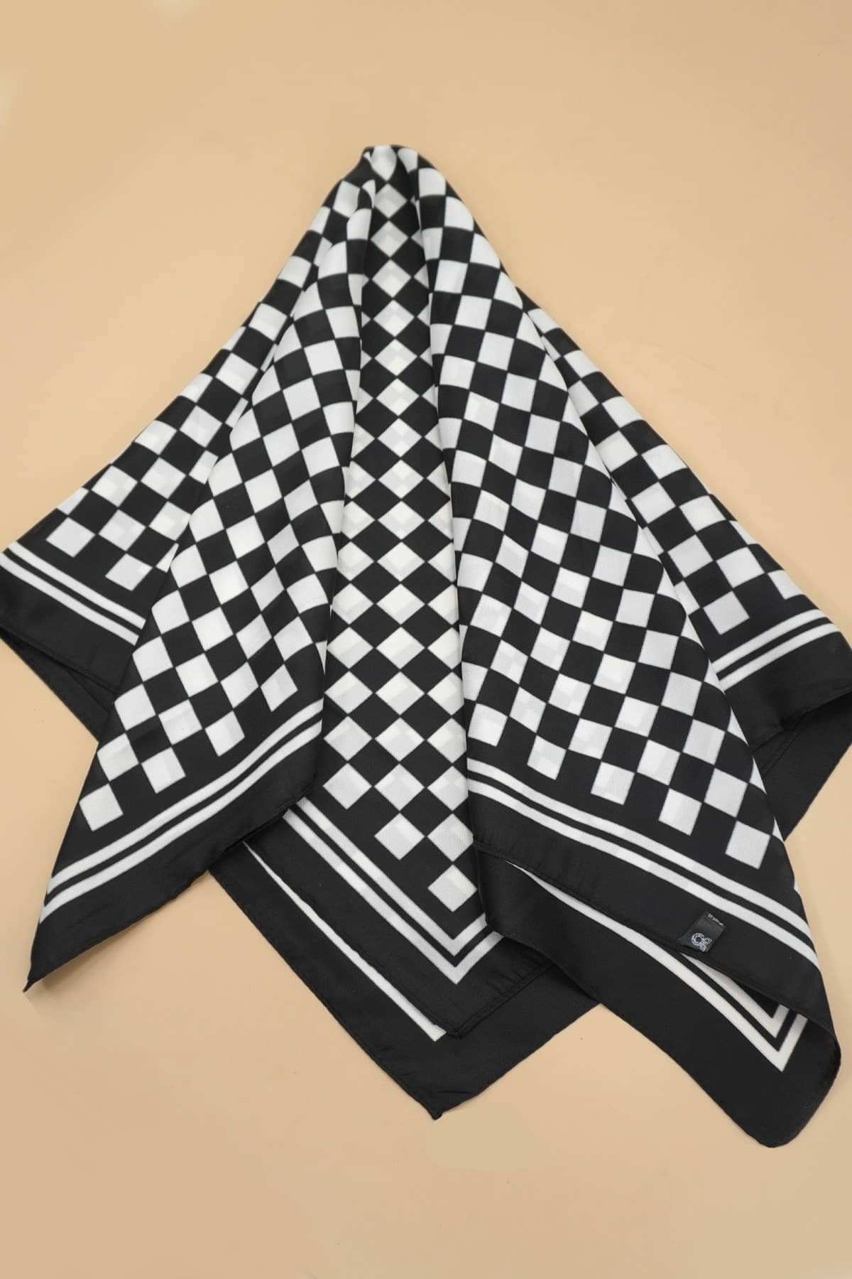 Black Large Checker Print Silky Bandana Scarf