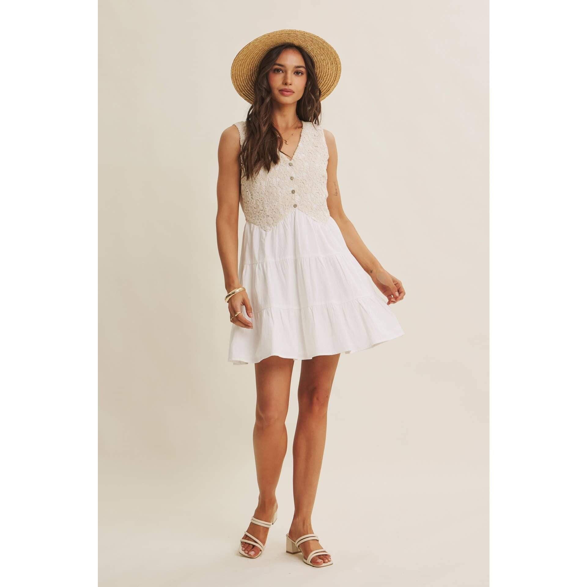 FRENCH PICNIC MIXED MEDIA COTTON CROCHET MINI DRESS: OFF WHITE / S