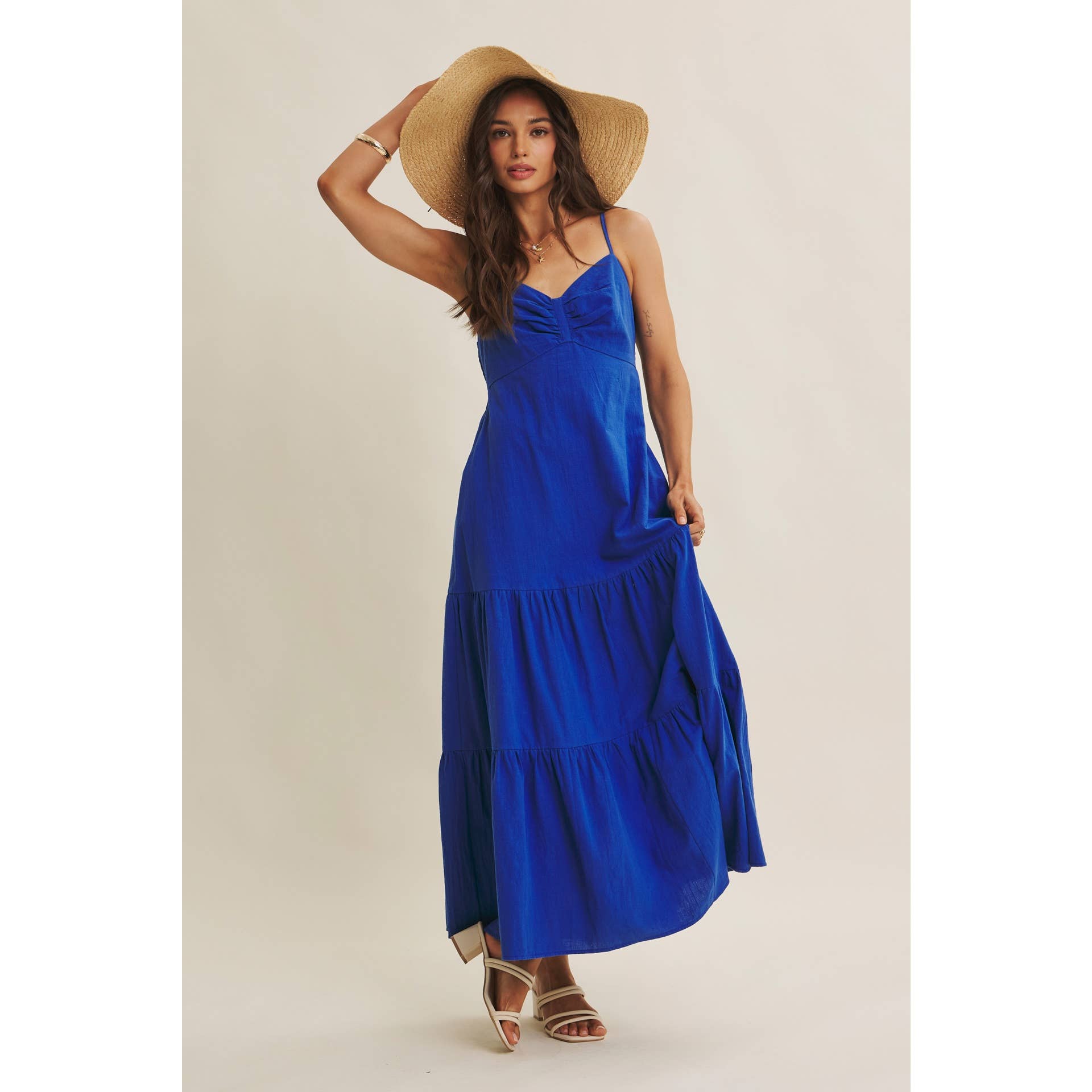 ISLAND SUNSET AIRY COTTON SMOCKED BACK RUCHED MAXI DRESS: ROYAL BLUE / S | Stella & Grace Boutique .
