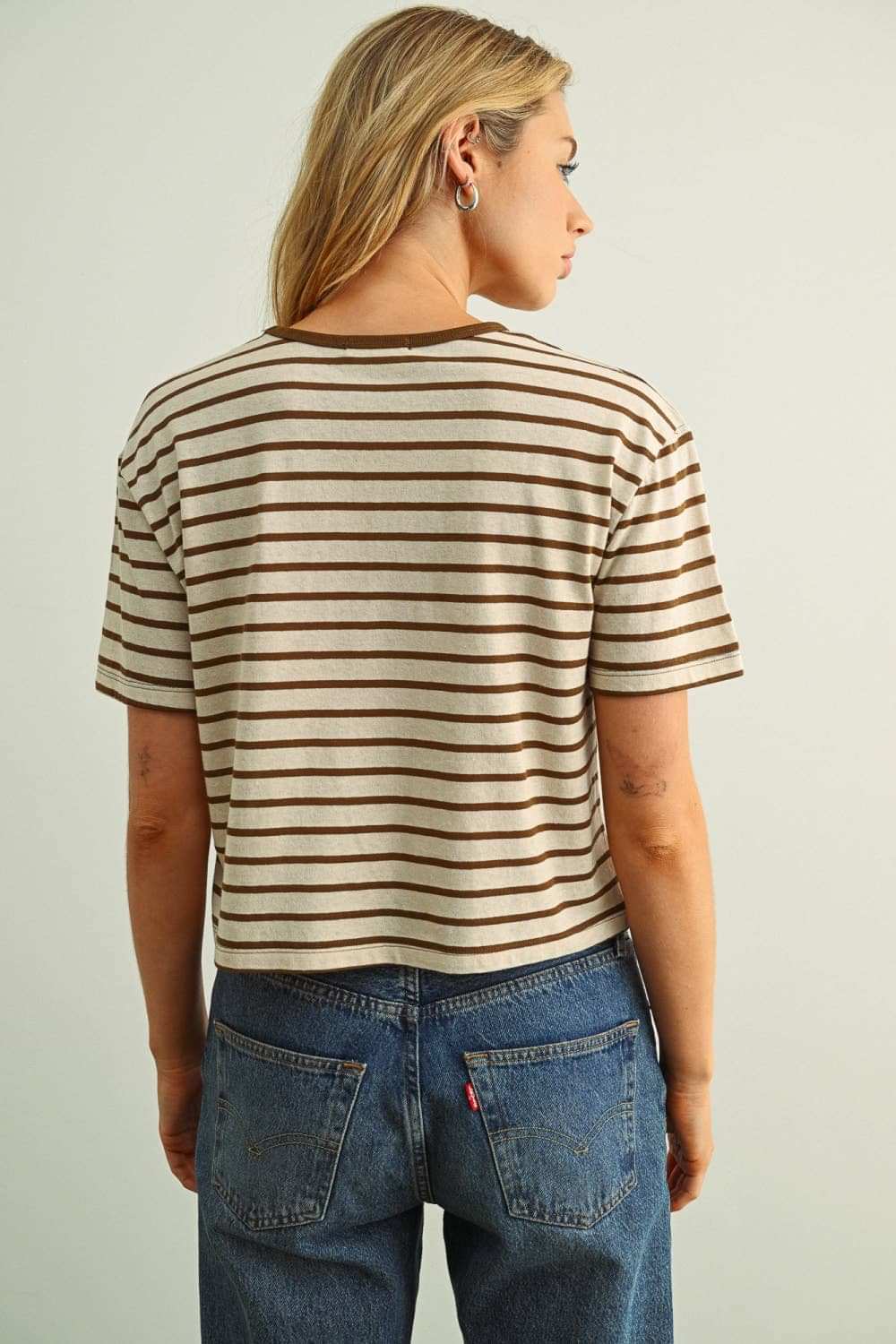 Sienna Brown Striped Linen-Blend Cropped Ringer Tee
