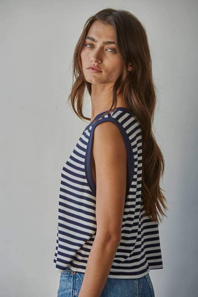L9705 | Knit Cotton Spandex Striped Ribbed Sleeveless Top: Navy / S