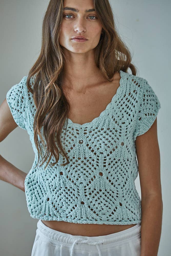 W2030 | Knit Sweater Cotton Crochet V-Neck Cap Sleeve Top: Light Mint / S