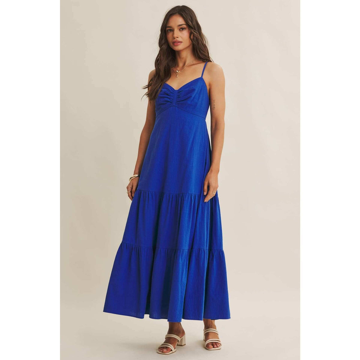 Royal Blue Smocked Back Ruched Cotton Maxi Dress with Pockets