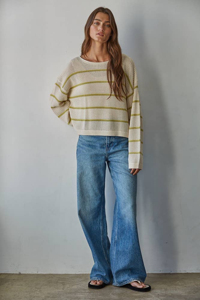 W2450 | Knit Cotton Acrylic Striped Round Neck Sweater: Cream Moss / S